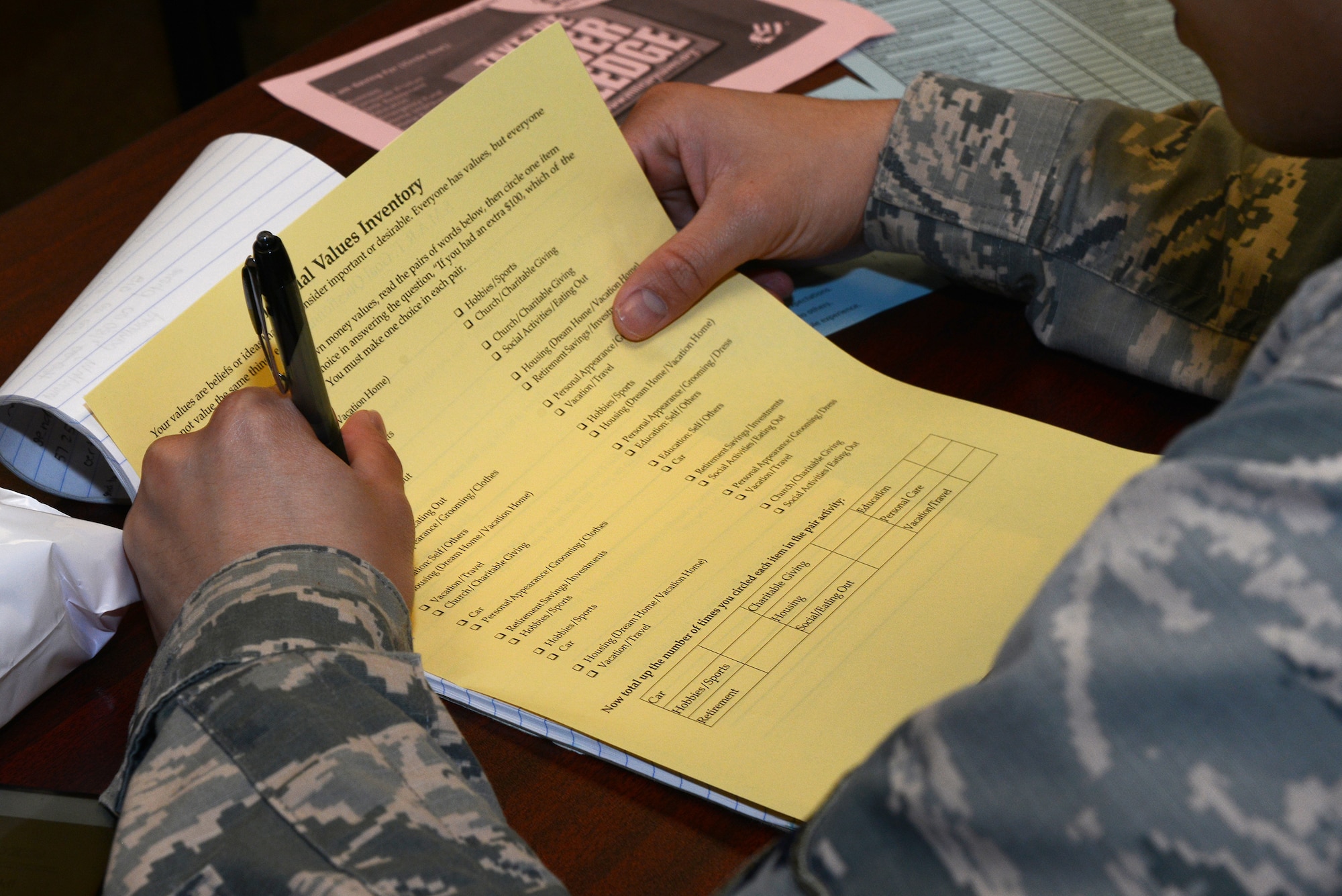 U.S. Air Force Airman 1st Class Reniro Viguilla, 23d Aerospace Medicine Squadron dental assistant, fills out a financial value inventory during a financial class Feb. 2, 2015, at Moody Air Force Base, Ga. The inventory sheet assists Airmen in evaluating what is most important in spending. (U.S. Air Force photo by Airman 1st Class Kathleen D. Bryant)