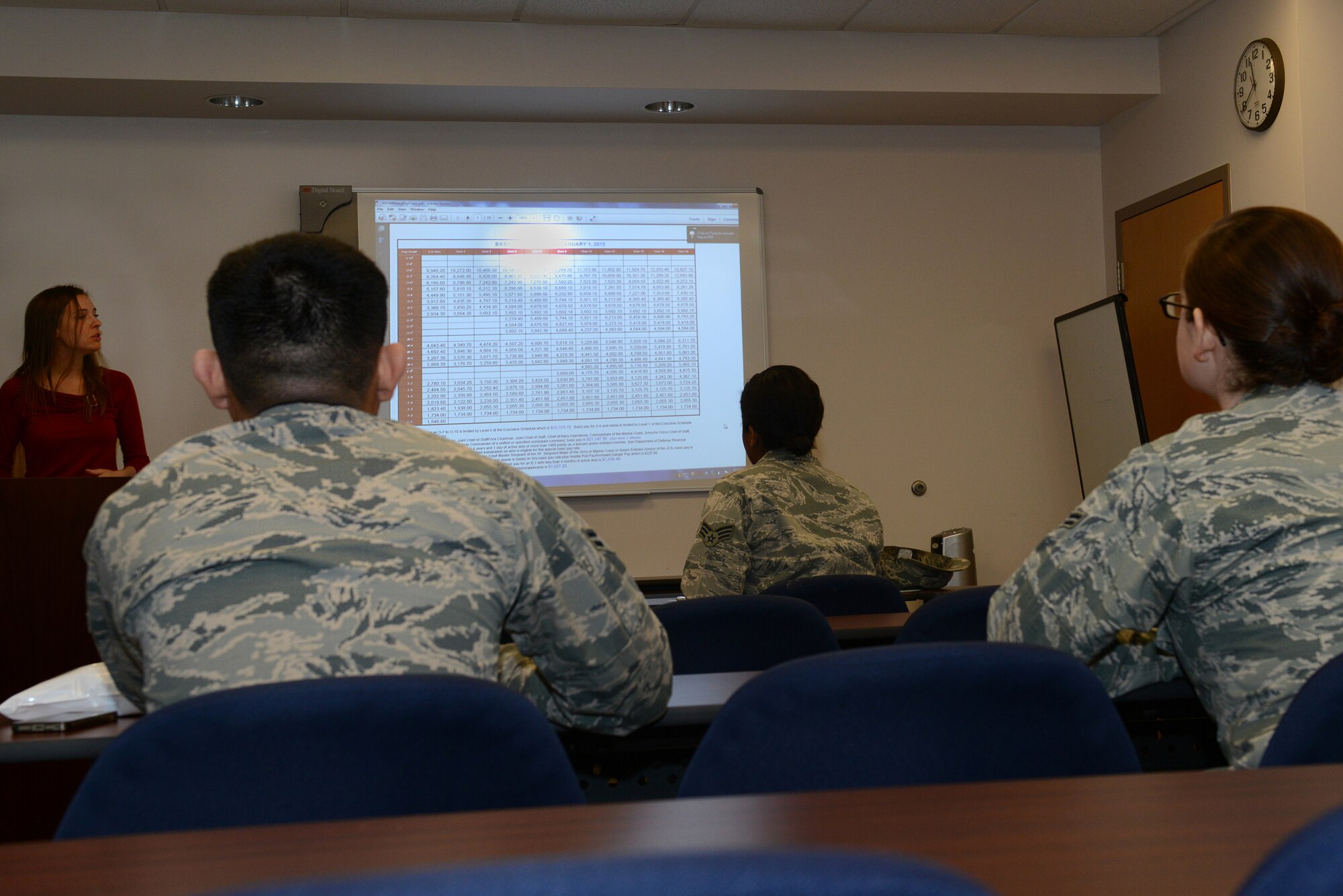 Sheena Parrish, 23d Force Support Squadron community readiness specialist, talks to Airmen about budgeting during a financial class Feb. 2, 2015, at Moody Air Force Base, Ga. The class was given as part of Military Saves Month. (U.S. Air Force photo by Airman 1st Class Kathleen D. Bryant)