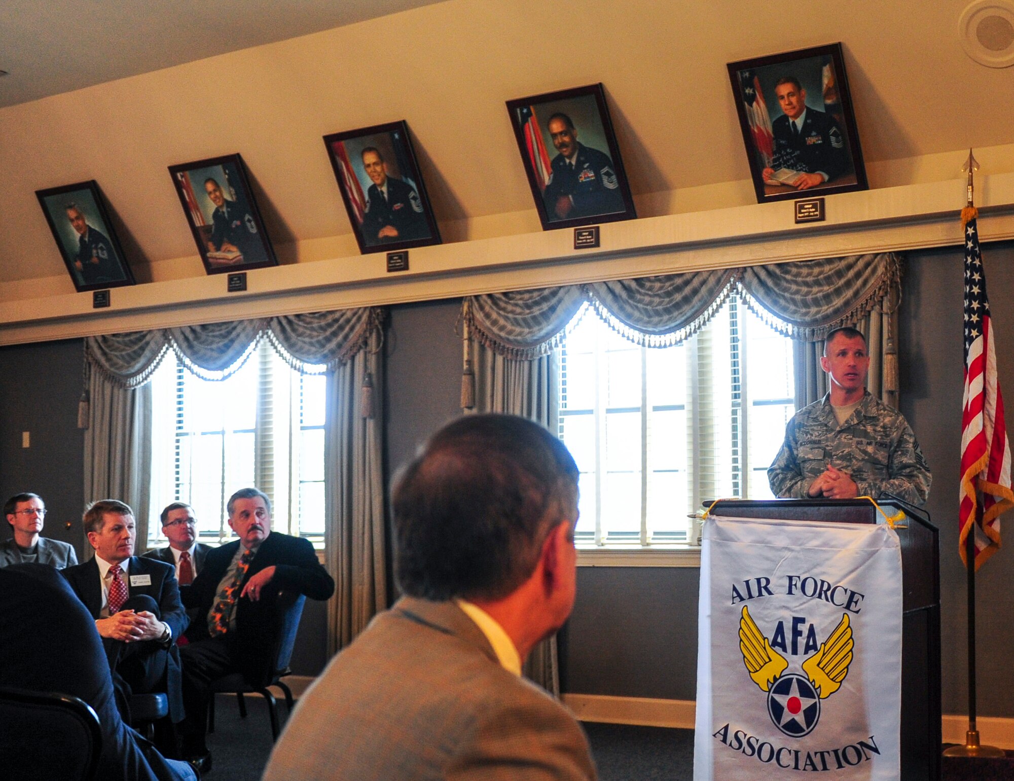 Air Combat Command Chief Master Sgt. Steve K. McDonald speaks to a local chapter of the Air Force Association 22 January, 2015 on Langley AFB, Va. The topics mentioned cover a wide variety of major issues affecting the current state of the Air Force. The topics include Force Management, the future of certain aircraft, retention and recruitment, and the military retirement system. (U.S. Air Force photo by Staff Sgt. Steve Stanley/Released)