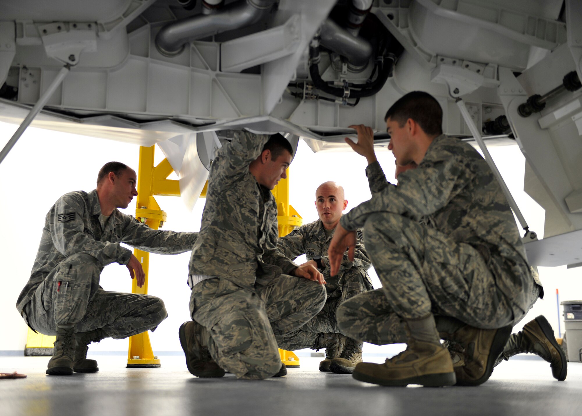 Airmen in the fuels and onboard inert gas generating system training course learn how the fuels system of an F-22 Raptor works Feb. 2 at the 372nd Training Support Squadron. Airmen from Joint Base Langley-Eustis, Va.; Joint Base Elmendorf-Richardson, Alaska; and Joint Base Pearl Harbor-Hickam, Hawaii, come to Tyndall to train with this system. (U.S. Air Force photo by Airman 1st Class Sergio A. Gamboa/Released)