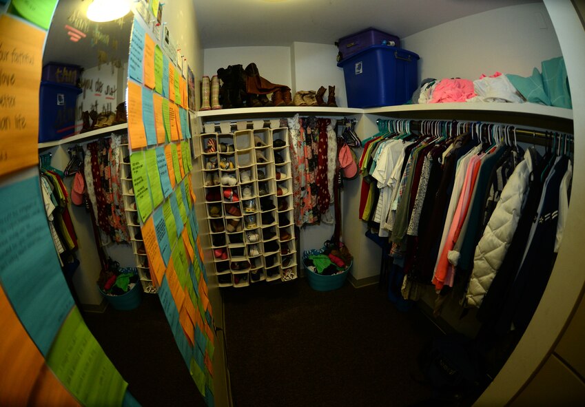 A freshly-kept closet is displayed in the dorm room of Airman 1st Class Lauren O?Connor, 2nd Bomb Wing Public Affairs broadcast journalist, on Barksdale Air Force Base, La., Feb. 3, 2015. Organization and paying attention to detail are traits that are instilled in Airmen from their first day of basic military training. (U.S. Air Force photo/Airman 1st Class Curt Beach)