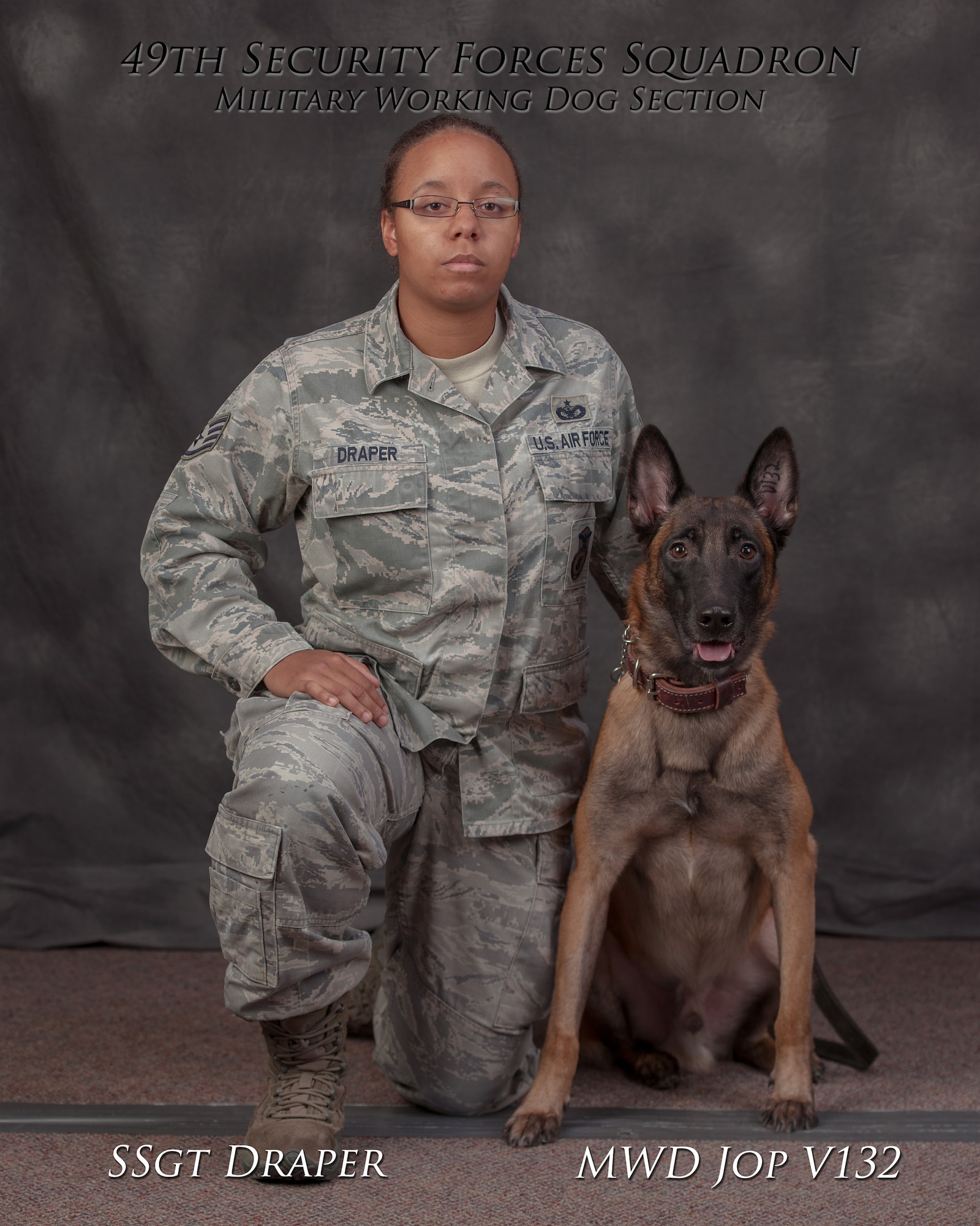 Staff Sgt. Krystal Draper, 49th Security Forces Military Working Dog handler, poses for an official photo with her MWD Jop at Holloman Air Force Base, N.M. The bond between MWDs and their handlers is often as strong as family. They spend nearly every day together working and training to stay in sync to function as partners during military operations. (U.S. Air Force Photo Illustration by Airman 1st Class Aaron Montoya/ Released)