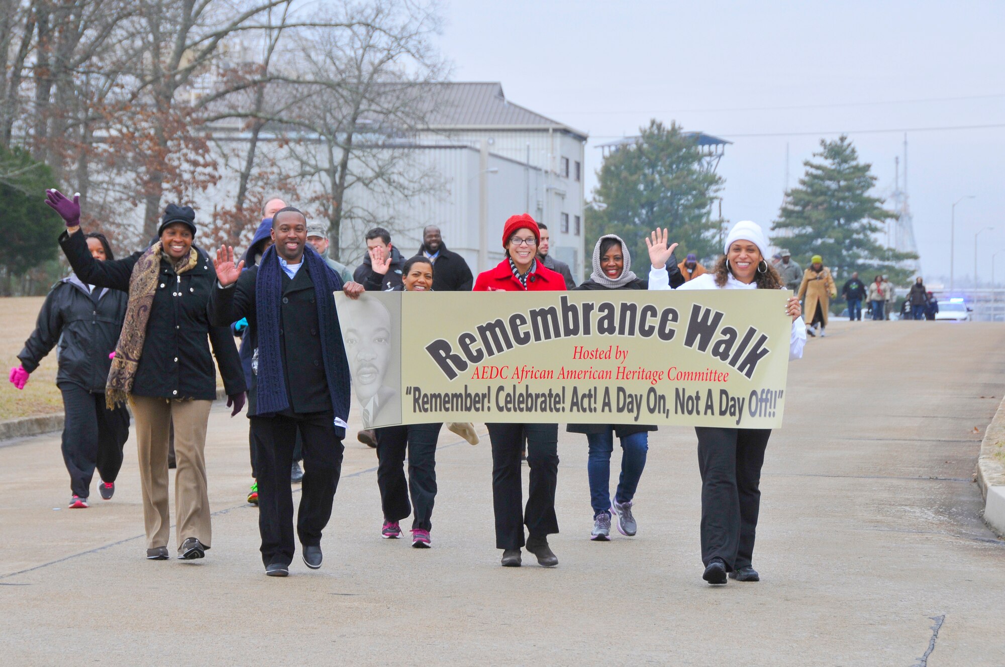 The AEDC African American Heritage Committee hosted a remembrance walk on Jan. 15 at AEDC, celebrating the sacrifices of civil rights leader Dr. Martin Luther King Jr. The event was also partly an acknowledgment of King’s birthday which is recognized on Jan. 19. The theme for the event was “Remember! Celebrate! Act! … A Day On, Not a Day Off,” which focuses on community service to all individuals. Scan the QR code with this photo using an android device to view a video from the walk or visit the Arnold AFB Facebook Page – http://on.fb.me\1t2XLgZ. (Photo by Rick Goodfriend)