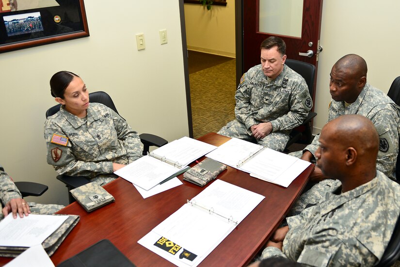 U.S. Army Col. William Galbraith, 733rd Mission Support Group commander, meets with first sergeants at Fort Eustis, Va., Jan 15, 2015. Galbraith joined the first sergeants who were seeking advice on upcoming steps as they begin the process of creating a first sergeants group; he uses this as a way to have a hands-on approach to leadership. (U.S. Air Force photo by Senior Airman Kimberly Nagle/Released) 