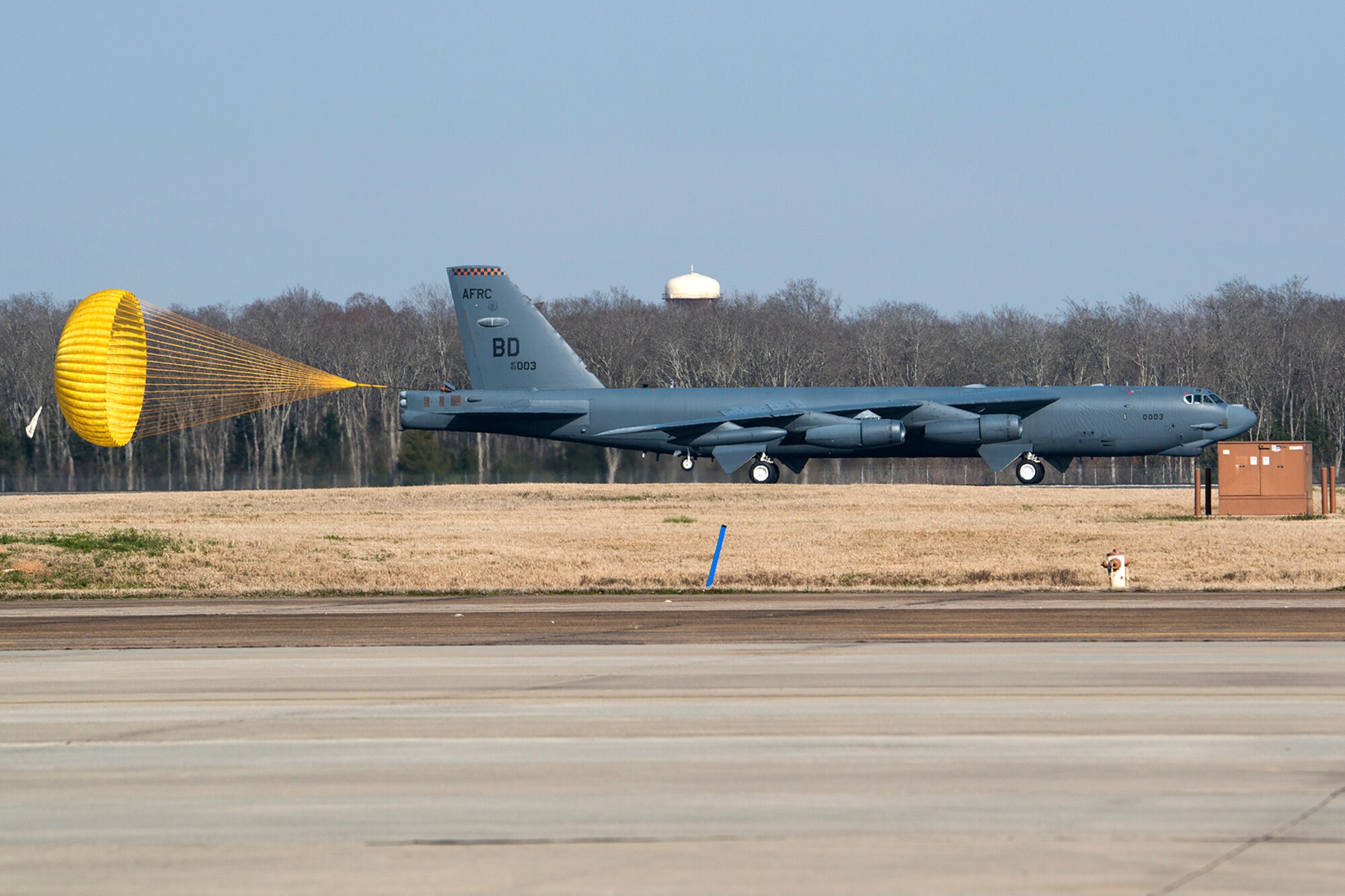 A 307th Bomb Wing B-52H Stratofortress returns from a mission on Jan. 28, 2015, Barksdale Air Force Base, La. Piloting the aircraft is U.S. Air Force Lt. Col. Bryan Patchen, 11th Bomb Squadron instructor pilot, and this marked his last flight in a B-52 before retiring from the Air Force. (U.S. Air Force photo by Master Sgt. Greg Steele/Released)