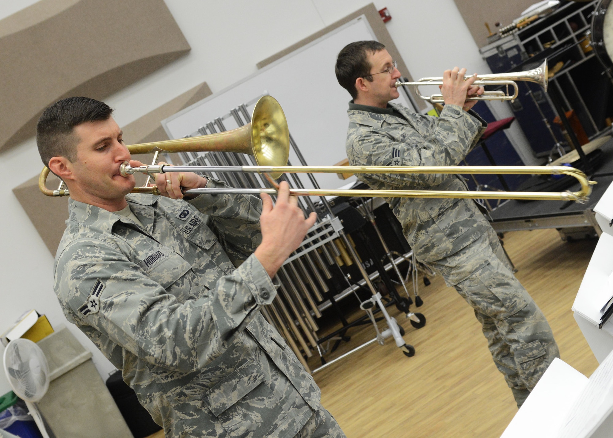 U.S. Air Force Airman 1st Class James Hubbard, Heritage of America Band trombonist, rehearses with the Rhythm in Blue Jazz Ensemble at Crawford Hall at Langley Air Force Base, Va., Jan. 29, 2015. Hubbard began playing trombone at the age of nine, inheriting a familial passion for music from his classically-trained parents, of which his father served as a U.S. Marine Corps bandsman following World War II. (U.S. Air Force photo by Staff Sgt. Jason J. Brown/Released)