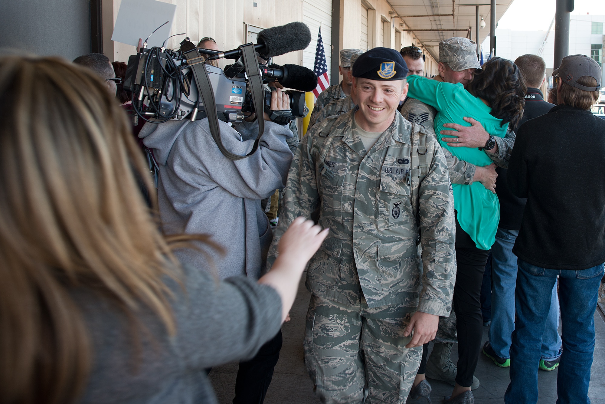 Family and friends greet members of the 137th Security Forces Squadron, OK on Feb. 3rd, 2015 at Will Rogers World Airport, Oklahoma City after returning home from a six-month deployment to Southwest Asia.
