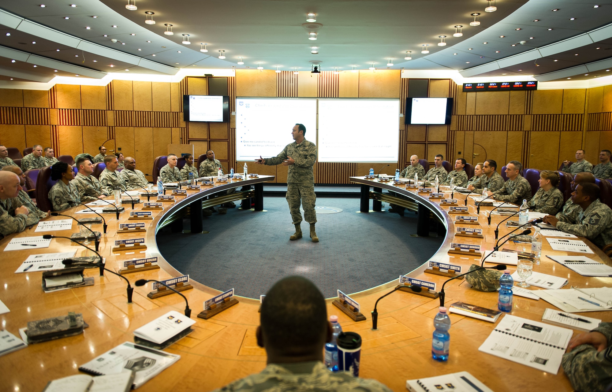 Lt. Gen. Tom Jones, U.S. Air Forces in Europe and Air Forces Africa vice commander, speaks to a group of chief master sergeant selects from around the command during the Chiefs Leadership Course Jan. 27, 2015 at Ramstein Air Base, Germany. The CLC is designed to offer newly selected chiefs an opportunity to speak with senior leaders, and exchange ideas in a candid setting. (U.S. Air Force photo/ Staff Sgt. Ryan Crane)