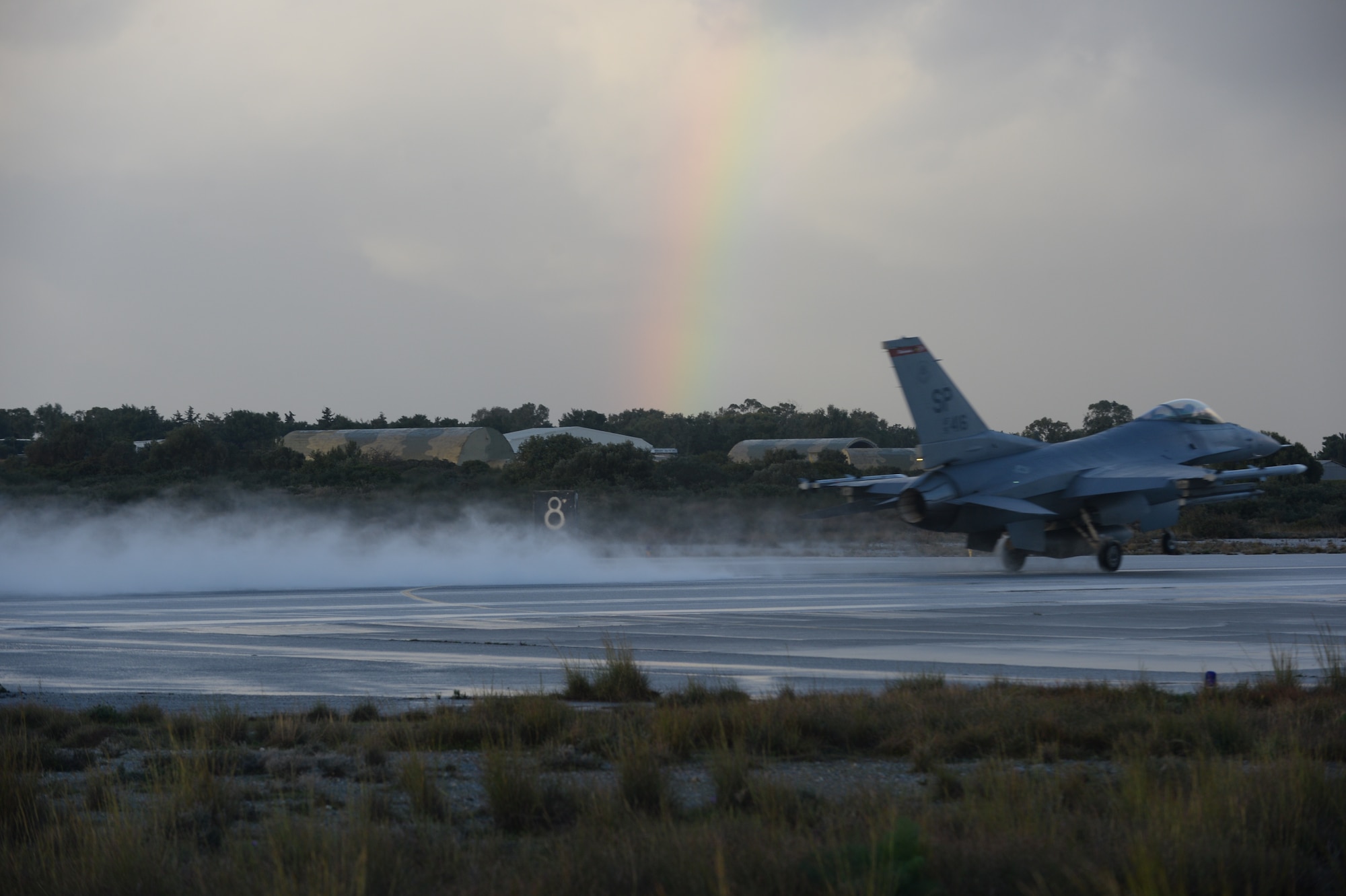 A U.S. Air Force F-16 Fighting Falcon fighter aircraft assigned to the 480th Expeditionary Fighter Squadron takes off during a flying training deployment on the flightline at Souda Bay, Greece, Feb. 3, 2015. The aircraft conducted the training as part of the bilateral deployment between the Greek and U.S. Air Forces to develop interoperability and cohesion between the two NATO partners. (U.S. Air Force photo by Staff Sgt. Joe W. McFadden/Released)