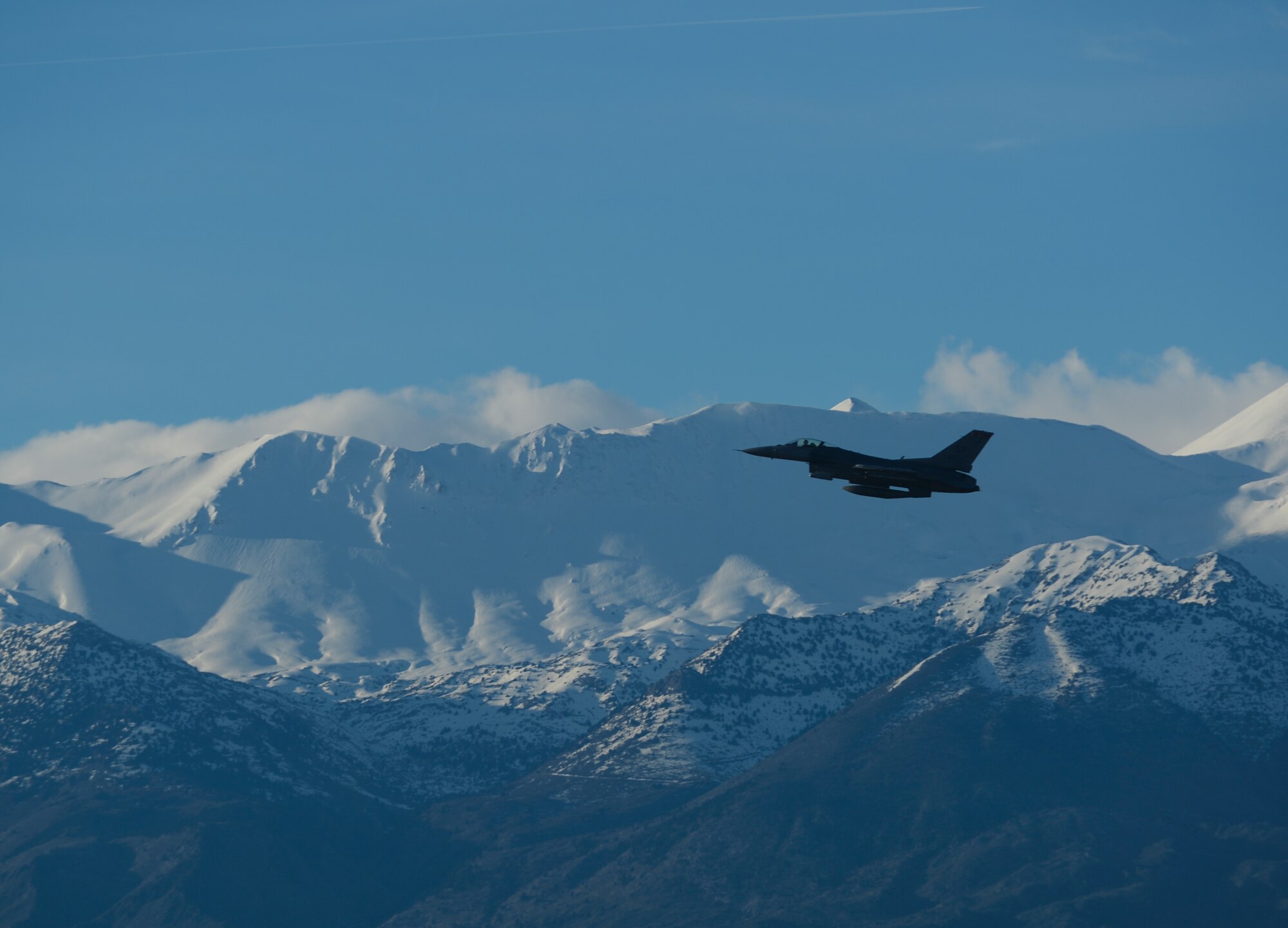 A U.S. Air Force F-16 Fighting Falcon fighter aircraft assigned to the 480th Expeditionary Fighter Squadron takes off during a flying training deployment on the flightline at Souda Bay, Greece, Jan. 30, 2015. The aircraft conducted the training as part of the bilateral deployment between the Greek and U.S. Air Forces to develop interoperability and cohesion between the two NATO partners. (U.S. Air Force photo by Staff Sgt. Joe W. McFadden/Released)
