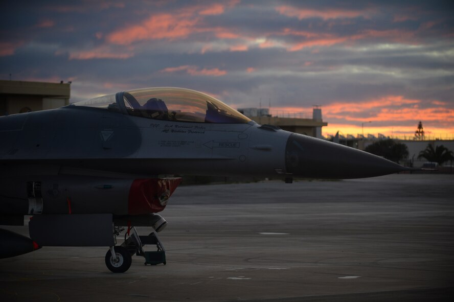 A U.S. Air Force F-16 Fighting Falcon fighter aircraft assigned to the 480th Expeditionary Fighter Squadron remains parked on the flightline during a flying training deployment at Souda Bay, Greece, Jan. 30, 2015. Eighteen F-16s from the 52nd Fighter Wing at Spangdahlem Air Base, Germany, participated in the deployment, which marked the third of its kind on the island since 2014. (U.S. Air Force photo by Staff Sgt. Joe W. McFadden/Released)