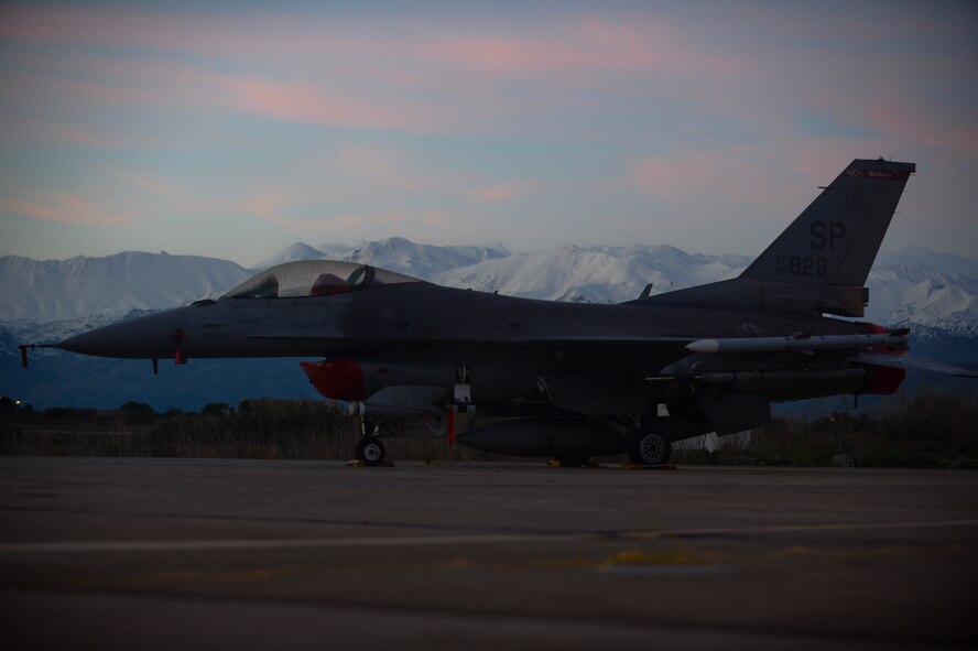 A U.S. Air Force F-16 Fighting Falcon fighter aircraft assigned to the 480th Expeditionary Fighter Squadron remains parked on the flightline during a flying training deployment at Souda Bay, Greece, Jan. 30, 2015. Eighteen F-16s from the 52nd Fighter Wing at Spangdahlem Air Base, Germany, participated in the deployment, which marked the third of its kind on the island since 2014. (U.S. Air Force photo by Staff Sgt. Joe W. McFadden/Released)