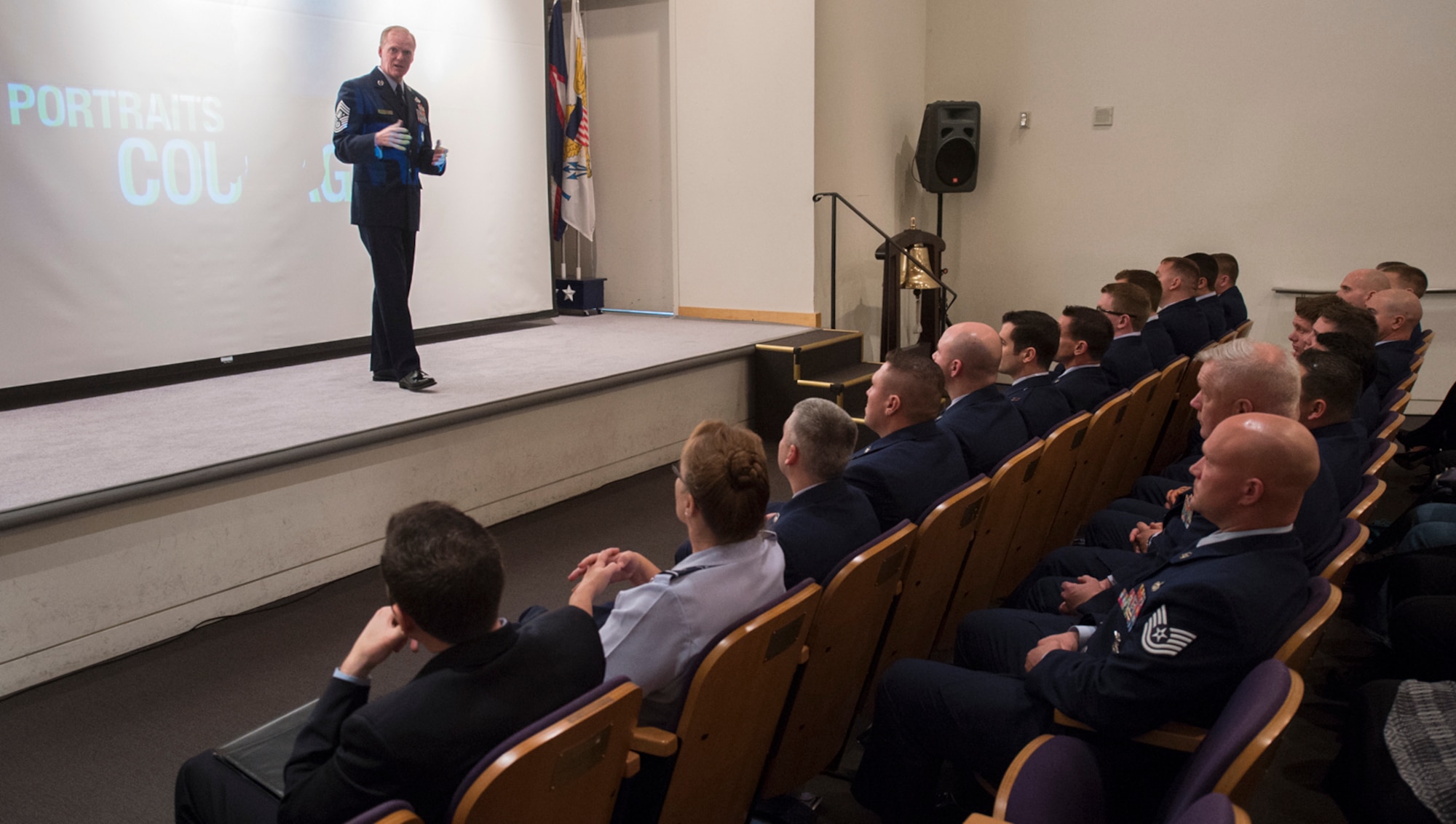 Chief Master Sgt. of the Air Force James Cody gives the keynote address during a luncheon Feb. 4, 2015, in Arlington, Va.,  honoring Airmen from the Air Force's ninth volume of Portraits in Courage. During the luncheon the Airmen told their stories to a group of Air Force civic leaders from around the country. Portraits in Courage is an Air Force program highlighting Airmen for their honor, valor, devotion and selfless sacrifice in the face of extreme danger to themselves and others. (U.S. Air Force photo/Jim Varhegyi)