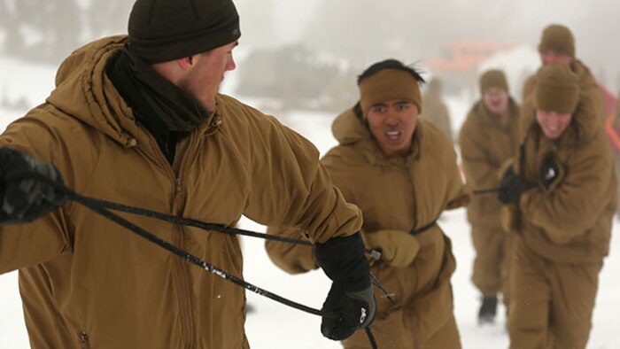 Sgt. Sloan Seiler, Winter Mountain Leaders Course 1-15, student, Marine Corps Mountain Warfare Training Center, and 1st Lt. Mancelino Figueroa, WMLC 1-15, class commander, 1st Battalion, 3rd Marine Regiment, lead a line of Marines pulling a block of ice back into Levitt Lake at the MCMWTC, Bridgeport Calif., Jan. 30, 2015. The blocks of ice that were cut out of the lake were returned after the Marines concluded training. (Official Marine Corps photo by Cpl. Charles Santamaria/Released)