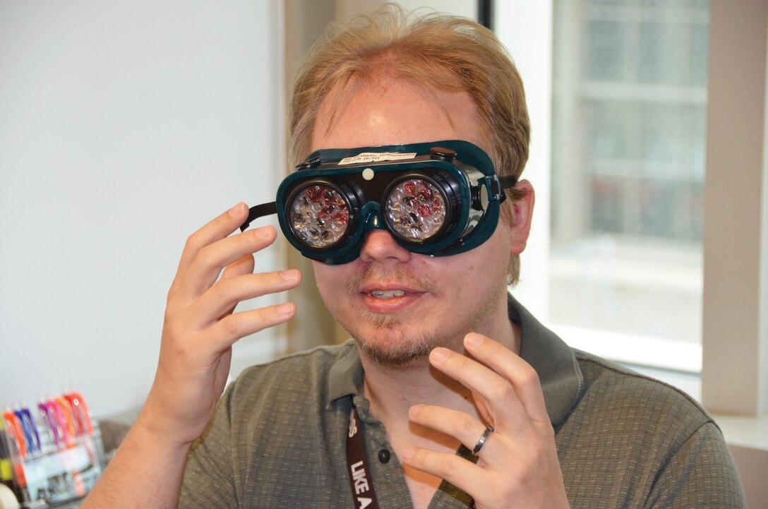 As part of National Disability Employment Awareness Month, Kerry Campbell wore goggles that simulated vision impairment.
