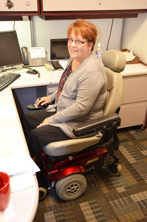 As part of National Disability Employment Awareness Month,Sam Harlan worked in a motorized wheelchair,