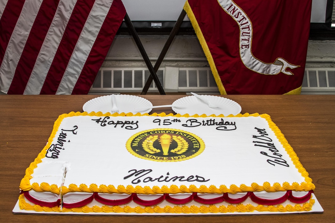 The ceremonial cake is displayed as the Marine Corps Institute celebrates its 95th birthday at the Washington Navy Yard, on Feb. 4, 2015. (U.S. Marine Corps photo by Staff Sgt. Mallory S. VanderSchans/Released)