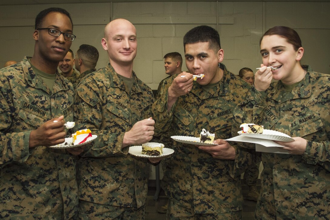 United States Marines with Marine Corps Institute, Marine Barracks, Washington, D.C., celebrate the Marine Corps Institute's 95th birthday at the Washington Navy Yard, on Feb. 4, 2015. (U.S. Marine Corps photo by Staff Sgt. Mallory S. VanderSchans/Released)