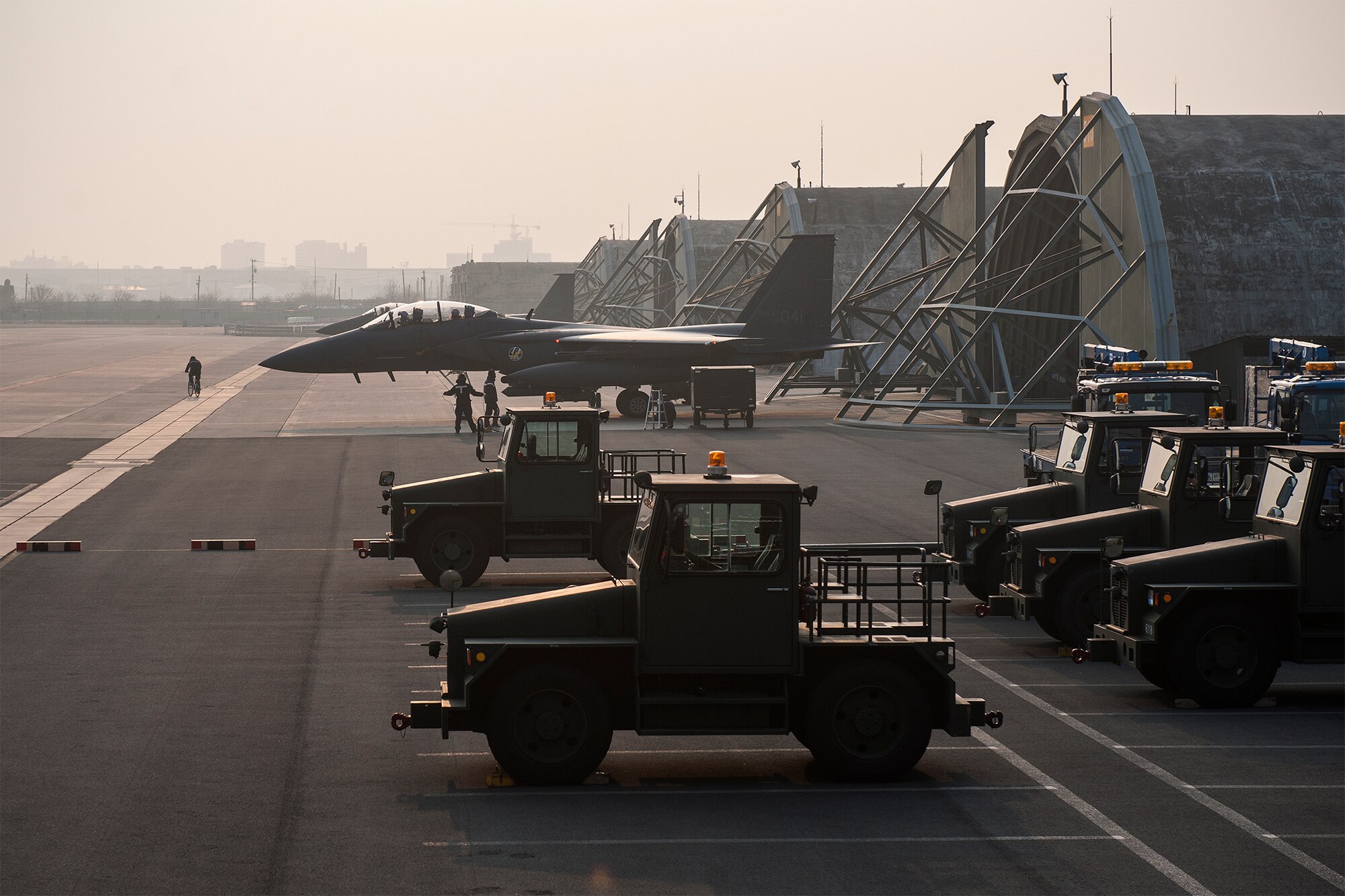 An F-15K Slam Eagle from the South Korean air force’s 11th Fighter Wing prepares to taxi on the runway during exercise Buddy Wing 15-2 Feb. 5, 2015, at Daegu Air Base, South Korea. During the four-day exercise, pilots from the 8th FW exchanged tactics and procedures with their South Korean counterparts. (U.S. Air Force photo/Senior Airman Katrina Heikkinen)