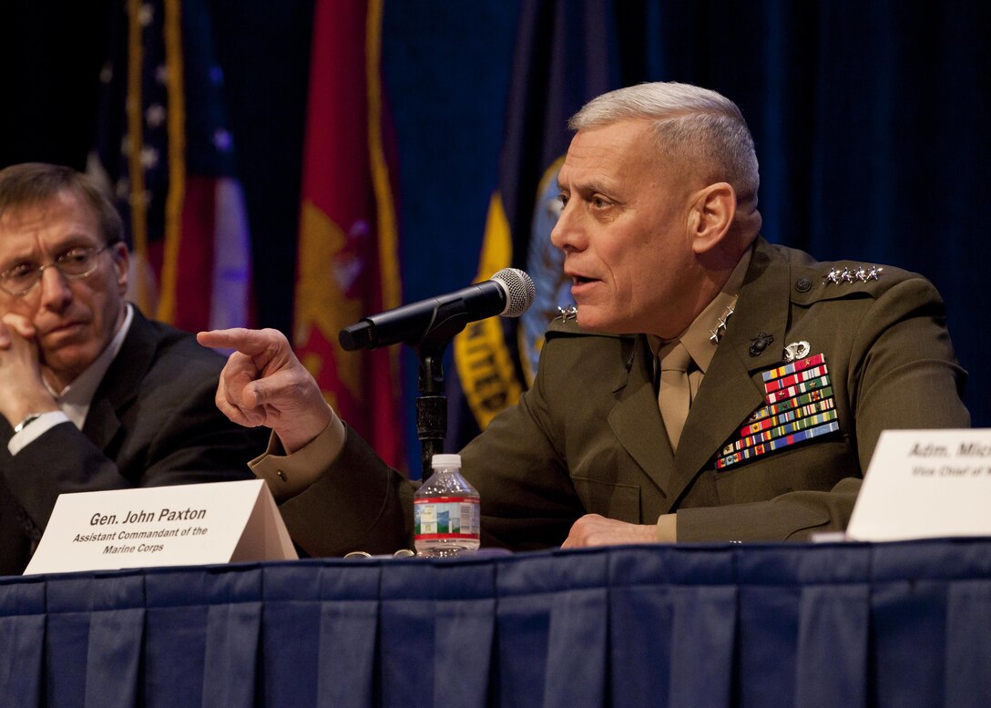 The Assistant Commandant of the Marine Corps, Gen. John M. Paxton, Jr., speaks during a panel at the Naval Future Force Science and Technology Expo in Washington, D.C., Feb. 5, 2015. (U.S. Marine Corps photo by Cpl. Tia Dufour/Released)