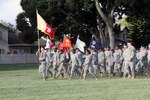 SCHOFIELD BARRACKS, Hawaii (Feb. 4, 2015) - Soldiers of the 45th Special Troops Battalion, 45th Sustainment Brigade march onto Hamilton Field during an uncasing ceremony. A portion of the brigade headquarters recently returned from Kandahar Airfield, Afghanistan, in December 2014 after completing the CENTCOM Materiel Recovery Element mission, which focused on retrograde and deconstruction. They resumed control of the brigade’s two battalions and the sustainment mission in the Pacific.