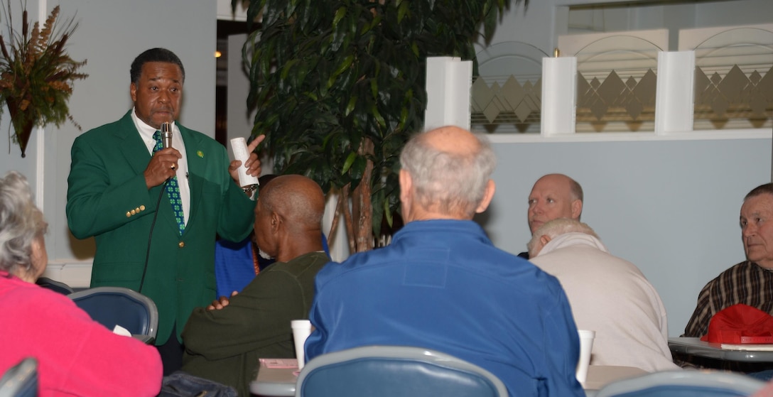 The Honorable Anthony Jones, commissioner, District 6, Dougherty County, Albany, Ga., engages veterans in discussions on implementing his vision for the county's residents, Feb. 4, during the monthly Retiree Breakfast. The breakfast was held at Marine Corps Logistics Base Albany's Town and Country Restaurant. 