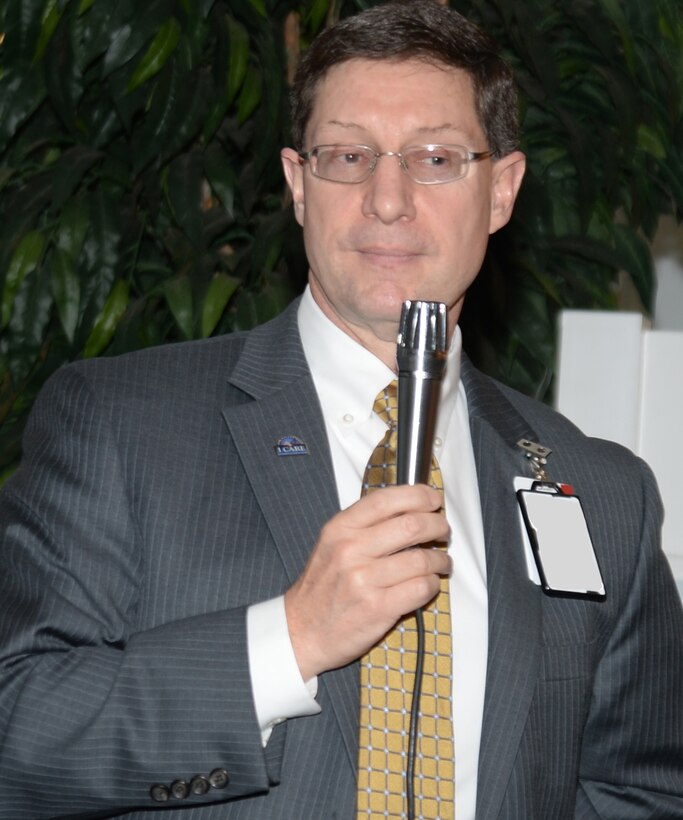 Gerald DeWorth, associate director, Carl Vinson Veterans Affairs Medical Center, Dublin, Ga., shares relevant information about benefits, offerings and the VA clinic aboard Marine Corps Logistics Base Albany during the installation's monthy Retiree Breakfast, Feb. 4.