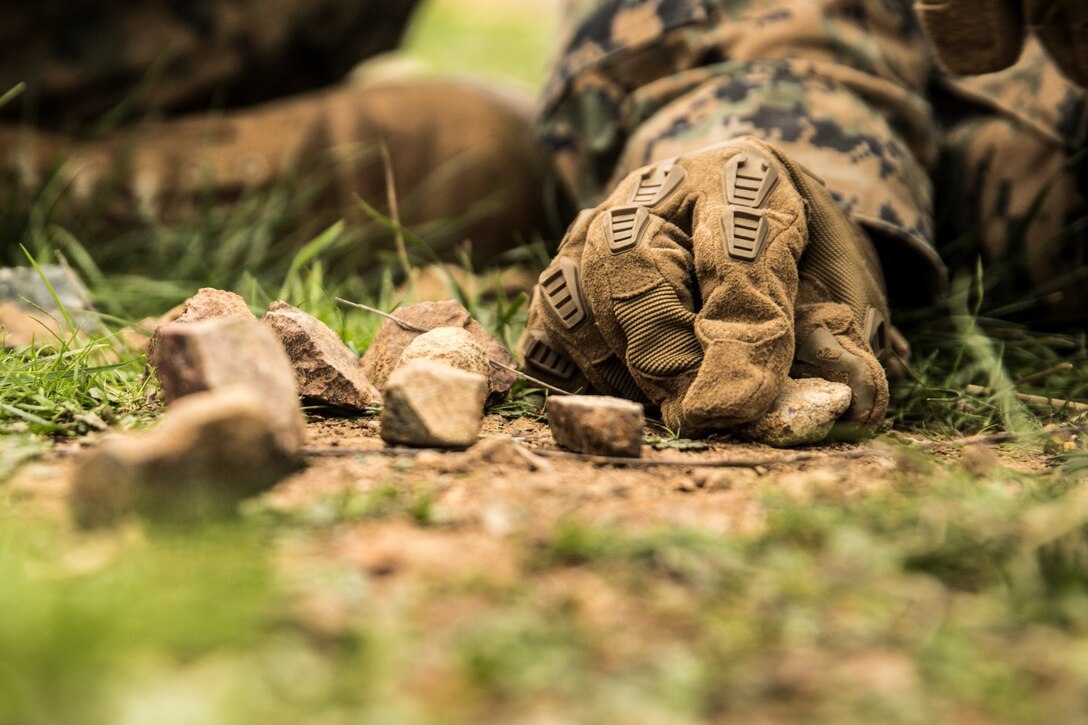 U.S. Marine Lance Cpl. Alexander Dalziel uses rocks to illustrate his plan during squad tactics and maneuver training aboard Camp Pendleton, Calif., Jan. 29, 2015. Dalziel is a team leader with Kilo Company, Battalion Landing Team 3rd Battalion, 1st Marine Regiment, 15th Marine Expeditionary Unit. As the ground combat element for the 15th MEU, BLT 3/1 is preparing for their upcoming deployment by enhancing their combat skills and learning to work as a cohesive unit. (U.S. Marine Corps Photo by Sgt. Emmanuel Ramos/Released)