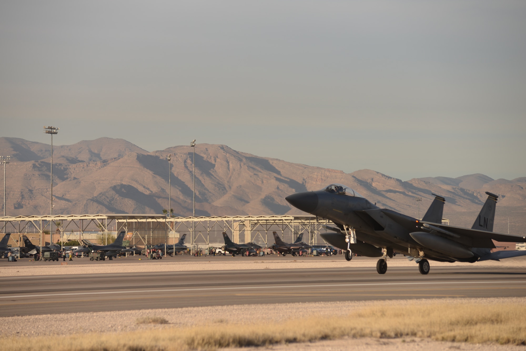 An F-15C Eagle assigned to the 493rd Fighter Squadron, Royal Air Force Lakenheath, England, lands during Red Flag 15-1 at Nellis Air Force Base, Nev., Feb. 2, 2015. The squadron recently won the 2014 Raytheon Trophy as the U.S. Air Force's top fighter squadron. (U.S. Air Force photo by Tech. Sgt. Eric Burks/Released)