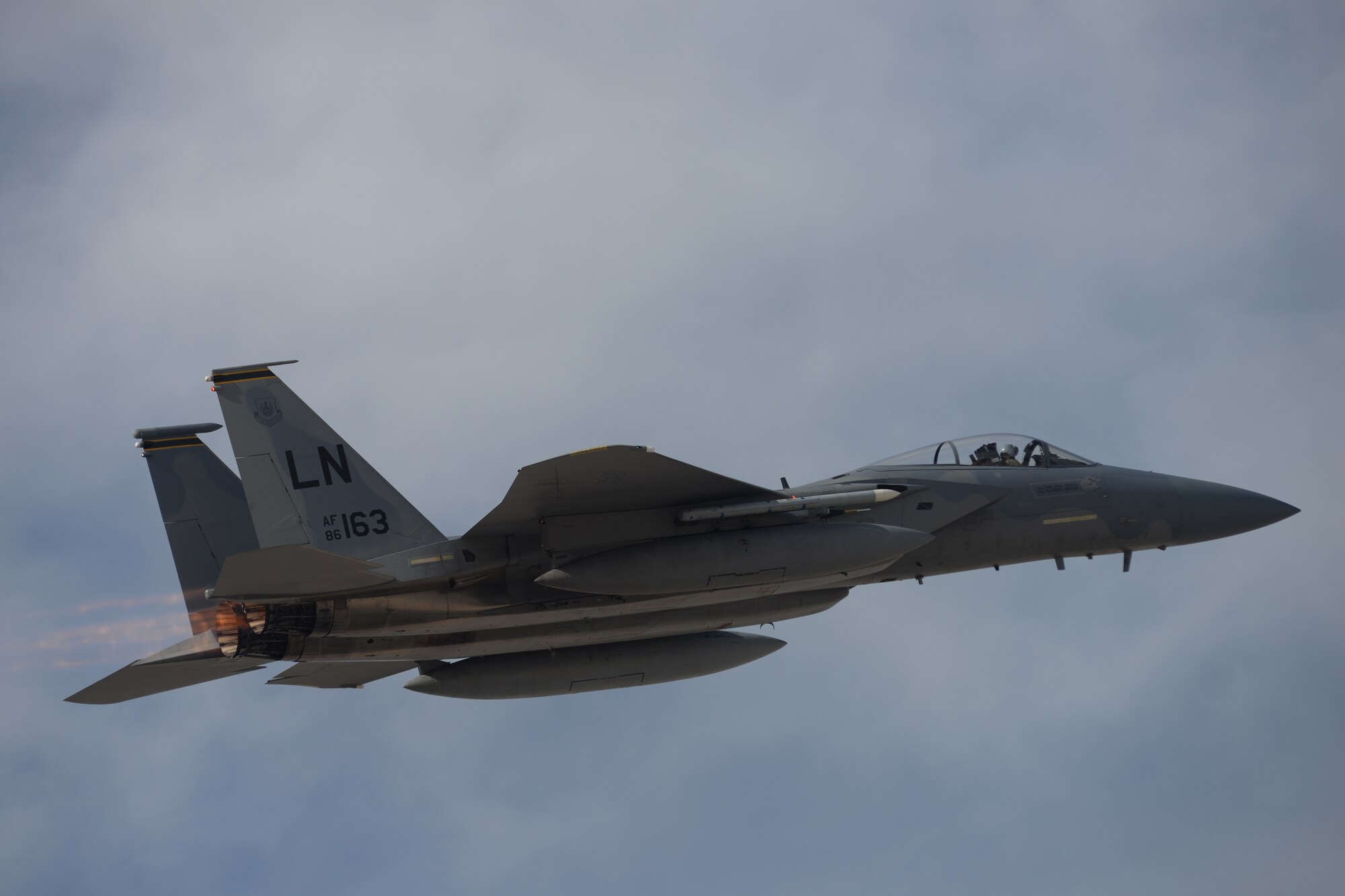 An F-15C Eagle assigned to the 493rd Fighter Squadron, Royal Air Force Lakenheath, England, takes off during Red Flag 15-1 at Nellis Air Force Base, Nev., Feb. 2, 2015. The squadron recently won the 2014 Raytheon Trophy as the U.S. Air Force's top fighter squadron. (U.S. Air Force photo by Tech. Sgt. Eric Burks/Released)