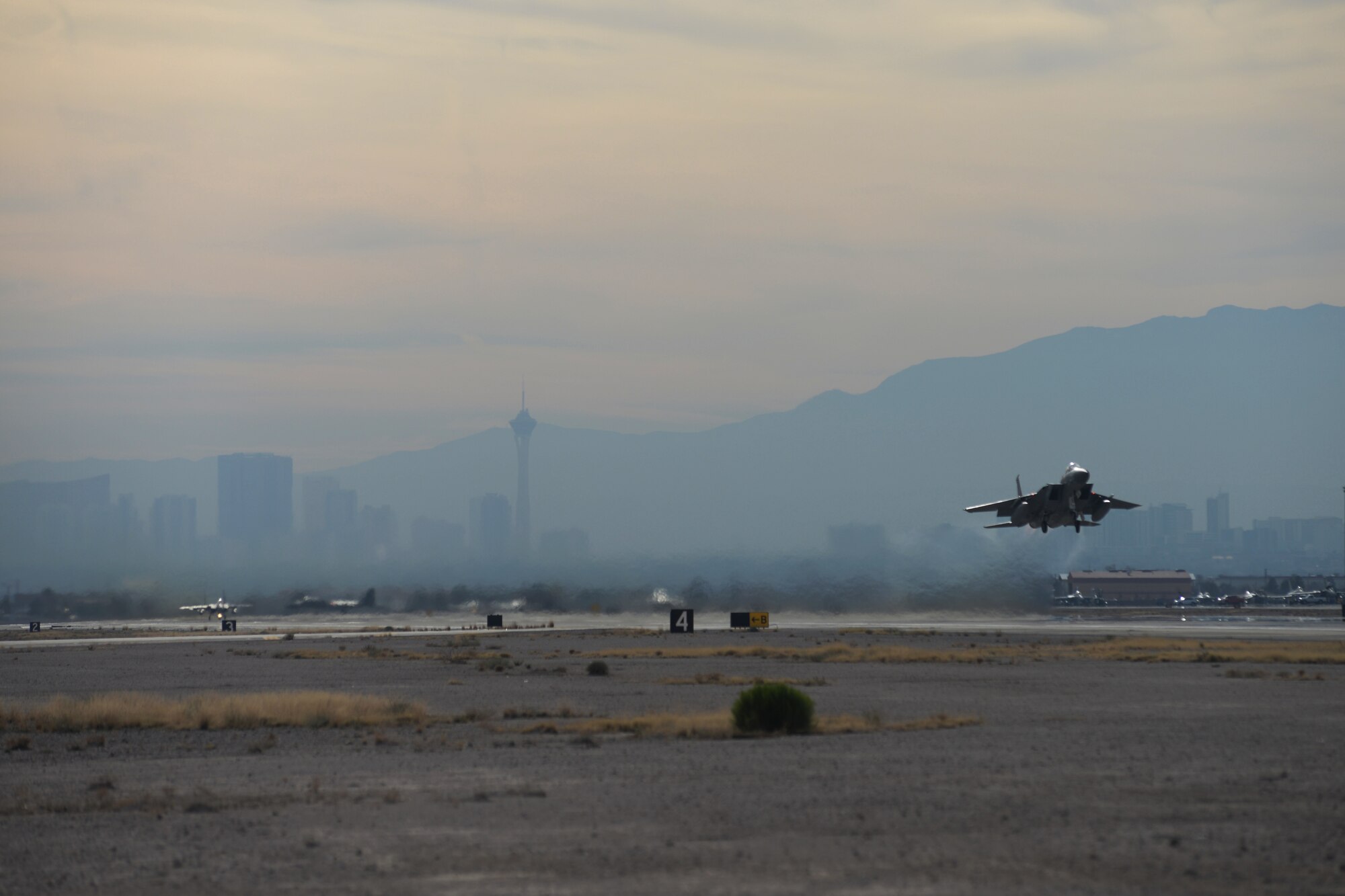 An F-15C Eagle assigned to the 493rd Fighter Squadron, Royal Air Force Lakenheath, England, launches during Red Flag 15-1 at Nellis Air Force Base, Nev., Feb. 2, 2015. Red Flag is a realistic combat exercise involving U.S. and allied air forces conducting training operations on the 15,000 square mile Nevada Test and Training Range. (U.S. Air Force photo by Tech. Sgt. Eric Burks/Released)