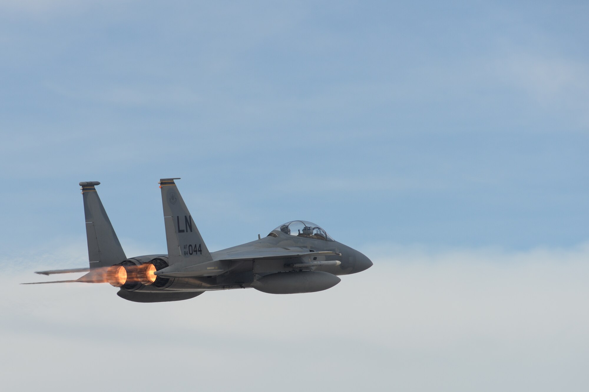 An F-15D Eagle assigned to the 493rd Fighter Squadron, Royal Air Force Lakenheath, England, takes off during Red Flag 15-1 at Nellis Air Force Base, Nev., Feb. 2, 2015. Flying units from around the world come to Nellis AFB to participate in Red Flag exercises, which are held three to four times per year. (U.S. Air Force photo by Tech. Sgt. Eric Burks/Released)