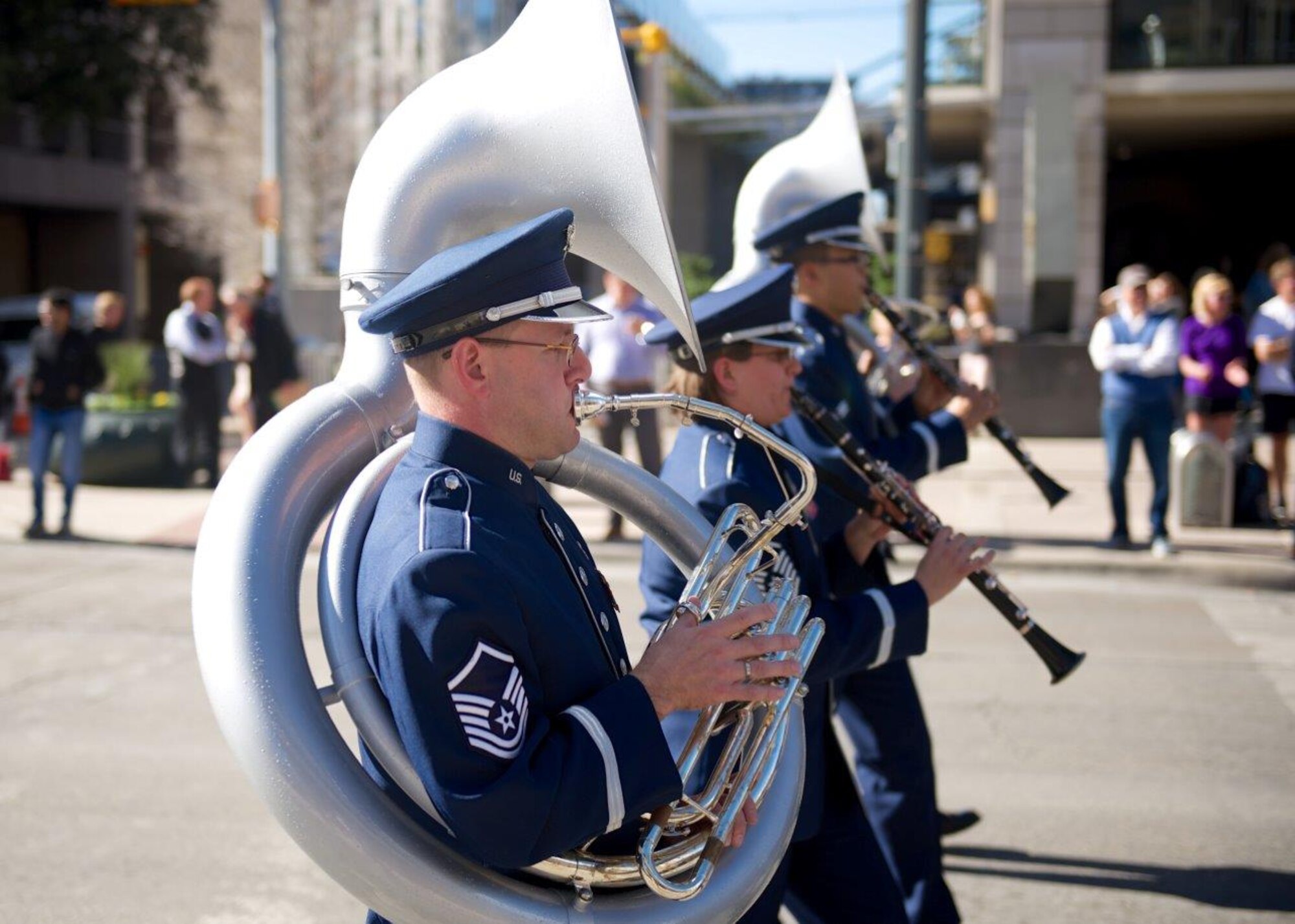 USAF Band of the West's MSgt John Rider on sousaphone in Austin, TX for the Governor's Inaugural parade.  20 Jan 2015