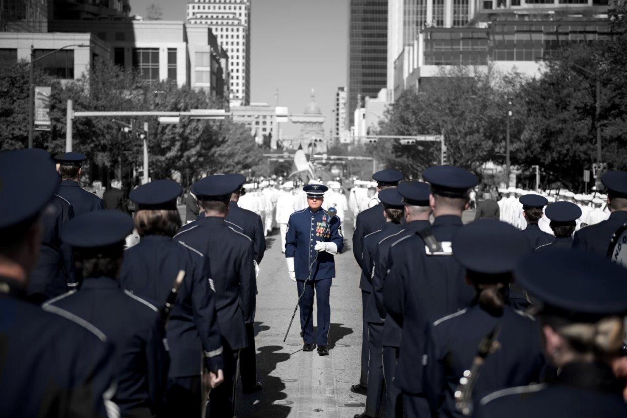 USAF Band of the West led by Drum Major, MSgt Darrin Dziergowski marching down Congress Ave. in Austin, TX for the Governor's Inaugural parade.  20 Jan 2015