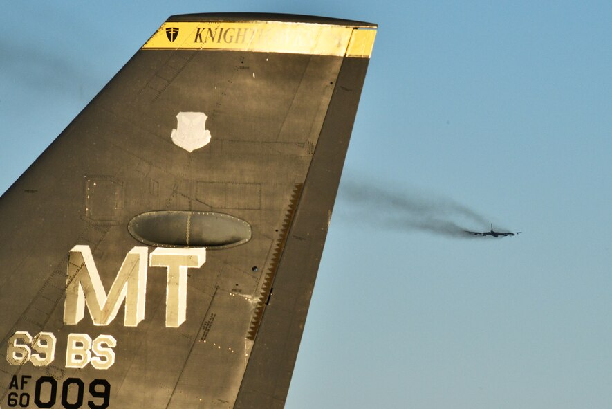 A B-52H Stratofortress flies over Minot Air Force Base, N.D., Jan. 12, 2015. The B-52H is capable of dropping or launching the widest array of weapons in the U.S. inventory. (U.S. Air Force photo/Senior Airman Brittany Y. Bateman)