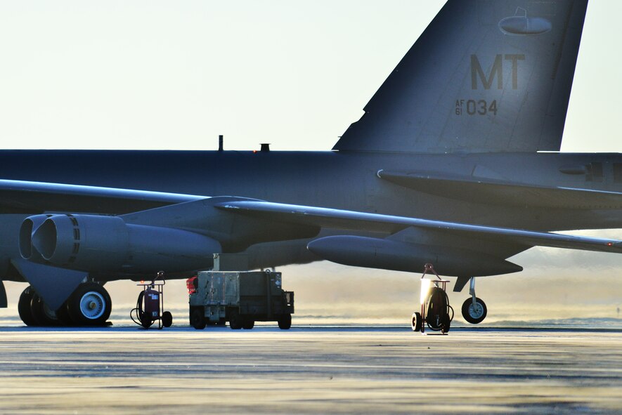 A B-52H Stratofortress sits on the flightline at Minot Air Force Base, N.D., Jan. 12, 2015. For more than 50 years, the B-52H has been the backbone of the manned strategic bomber force for the United States. (U.S. Air Force photo/Senior Airman Brittany Y. Bateman)