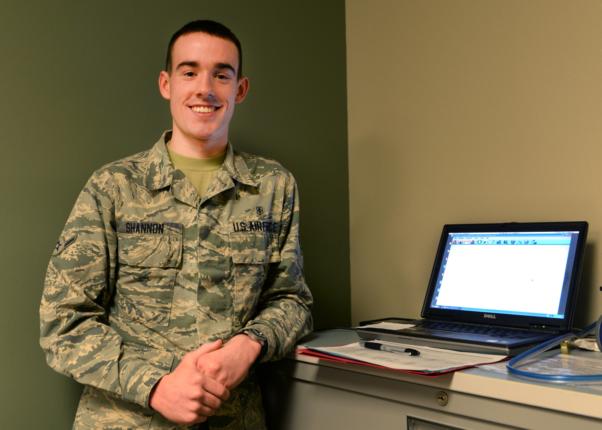 ALTUS AIR FORCE BASE, Okla. – U.S. Air Force Airman Eamon Shannon, a bioenvironmental engineer apprentice pauses during a gas mask fit test he was conducting, Feb. 5, 2015. Shannon recently received his acceptance letter from the U.S. Air Force Academy, and is scheduled to start his college education June 25, 2015, where he wants to pursue a degree in behavioral science.(U.S. Air Force photo by Airman 1st Class Nathan Clark/Released)