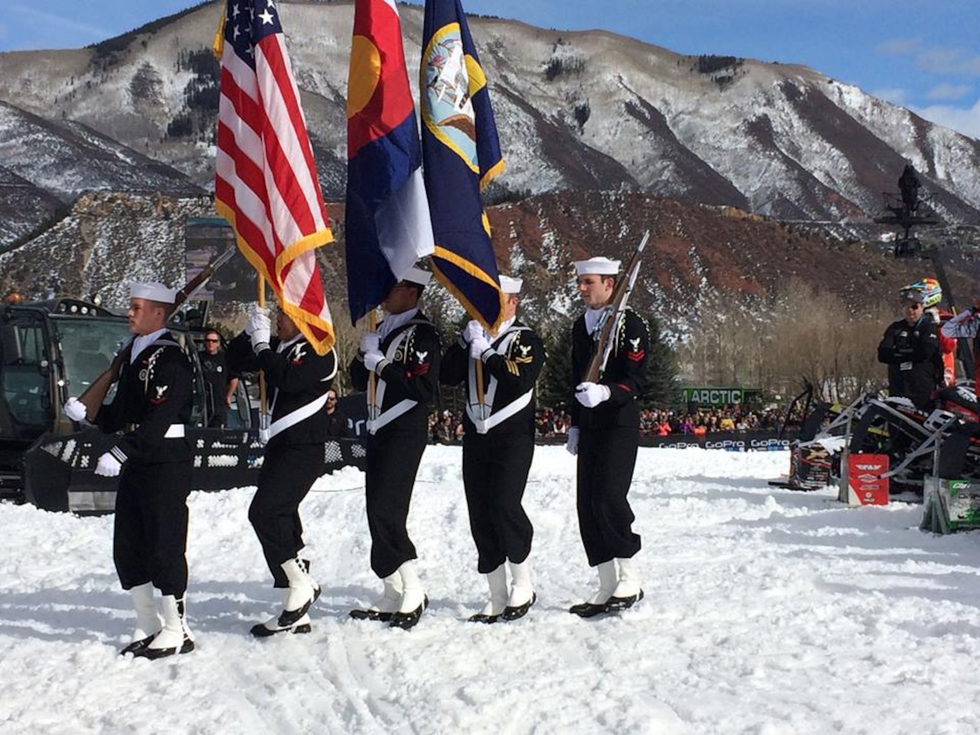 On the morning of Jan. 25, 2015, the Navy Information Operations Command Colorado Color Guard team was cordially invited to represent the United States Navy at the 2015 Winter X-Games held in Aspen, Colorado. The team was comprised of five Sailors: CTT1(IDW/SG) Christopher Guy, CTR2(IDW/SW) David Fiedler, CTT2(IDW/SW) Ian Evanskey, IT2(IDW) Christopher Dizon, and CTR3(IDW) Matthew Elder. The team honorably presented the colors during the playing of the National Anthem before the Snow Cross Finals event. The team flawlessly executed the detailed maneuvers despite the snowy terrain on a national televised event. With a successful representation of not only NAVIOCOM Colorado, but the United States Navy as a whole, these Sailors built camaraderie with the community and promoted Esprit de Corps. (courtesy photo) 