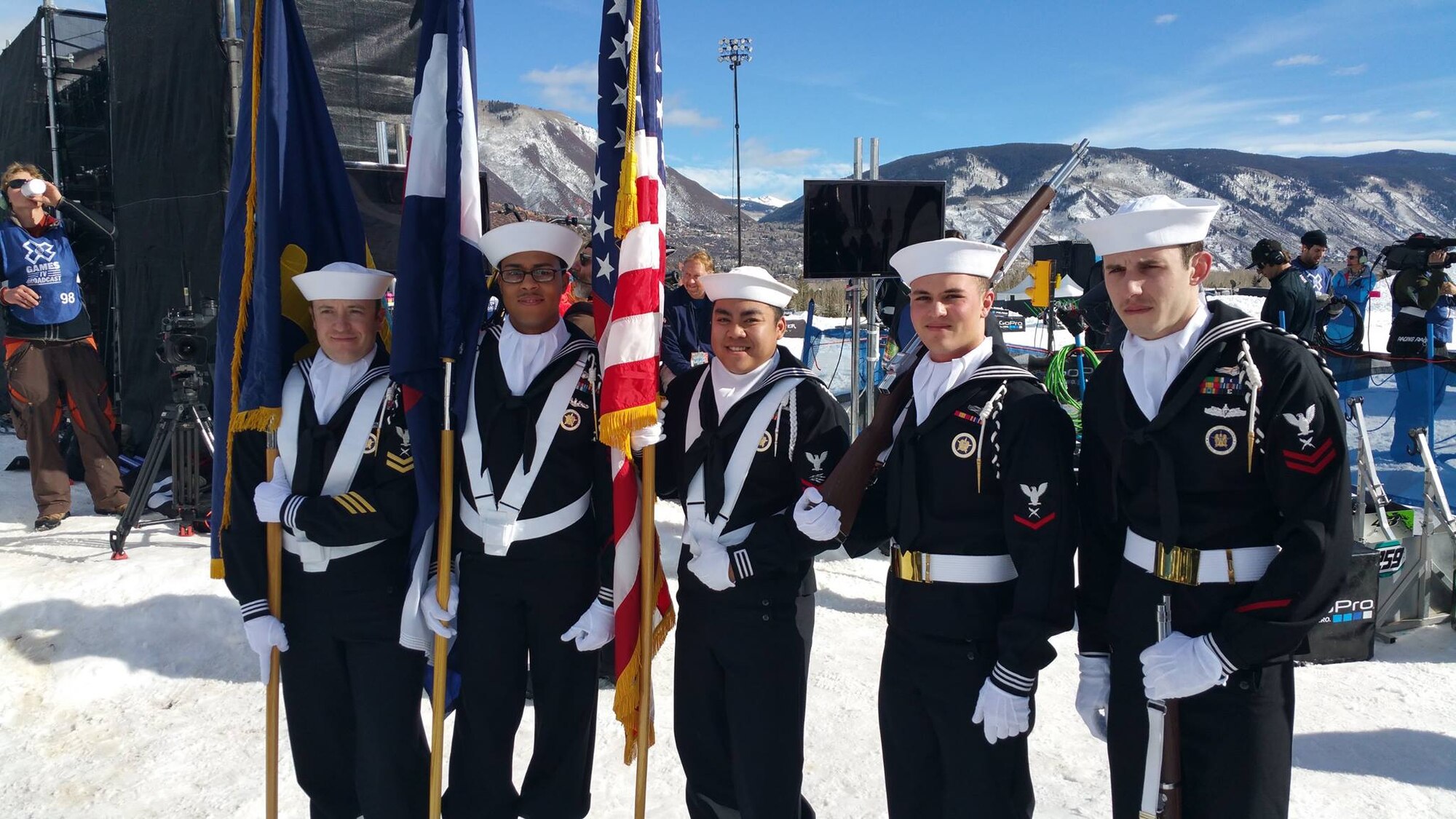 On the morning of Jan. 25, 2015, the Navy Information Operations Command Colorado Color Guard team was cordially invited to represent the United States Navy at the 2015 Winter X-Games held in Aspen, Colorado. The team was comprised of five Sailors: CTT1(IDW/SG) Christopher Guy, CTR2(IDW/SW) David Fiedler, CTT2(IDW/SW) Ian Evanskey, IT2(IDW) Christopher Dizon, and CTR3(IDW) Matthew Elder. The team honorably presented the colors during the playing of the National Anthem before the Snow Cross Finals event. The team flawlessly executed the detailed maneuvers despite the snowy terrain on a national televised event. With a successful representation of not only NAVIOCOM Colorado, but the United States Navy as a whole, these Sailors built camaraderie with the community and promoted Esprit de Corps. (courtesy photo) 