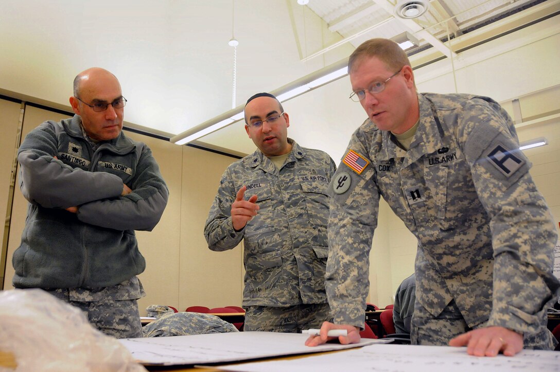 Chaplains, left to right, Army Lt. Col. Wilfredo Santiago, Air Force Lt. Col. Yaakov Bindell and Army Capt. Joshua Cox, from the Army Support Activity Fort Dix, the 108th Wing and the 72nd Field Artillery Brigade respectively, discuss their list of things for the lesson during the Traumatic Event Management Course Jan. 14, 2015, at Joint Base McGuire-Dix-Lakehurst, N.J. The Army's TEM course was a week long and focused on unit cohesion and effectiveness to help manage crisis situations. The course used group activities and role playing to reinforce the lessons. At the end of the week, the students are able to take what they learned and bring it back to their units. (U.S. Air National Guard Photo by Airman 1st Class Julia Pyun/Released)