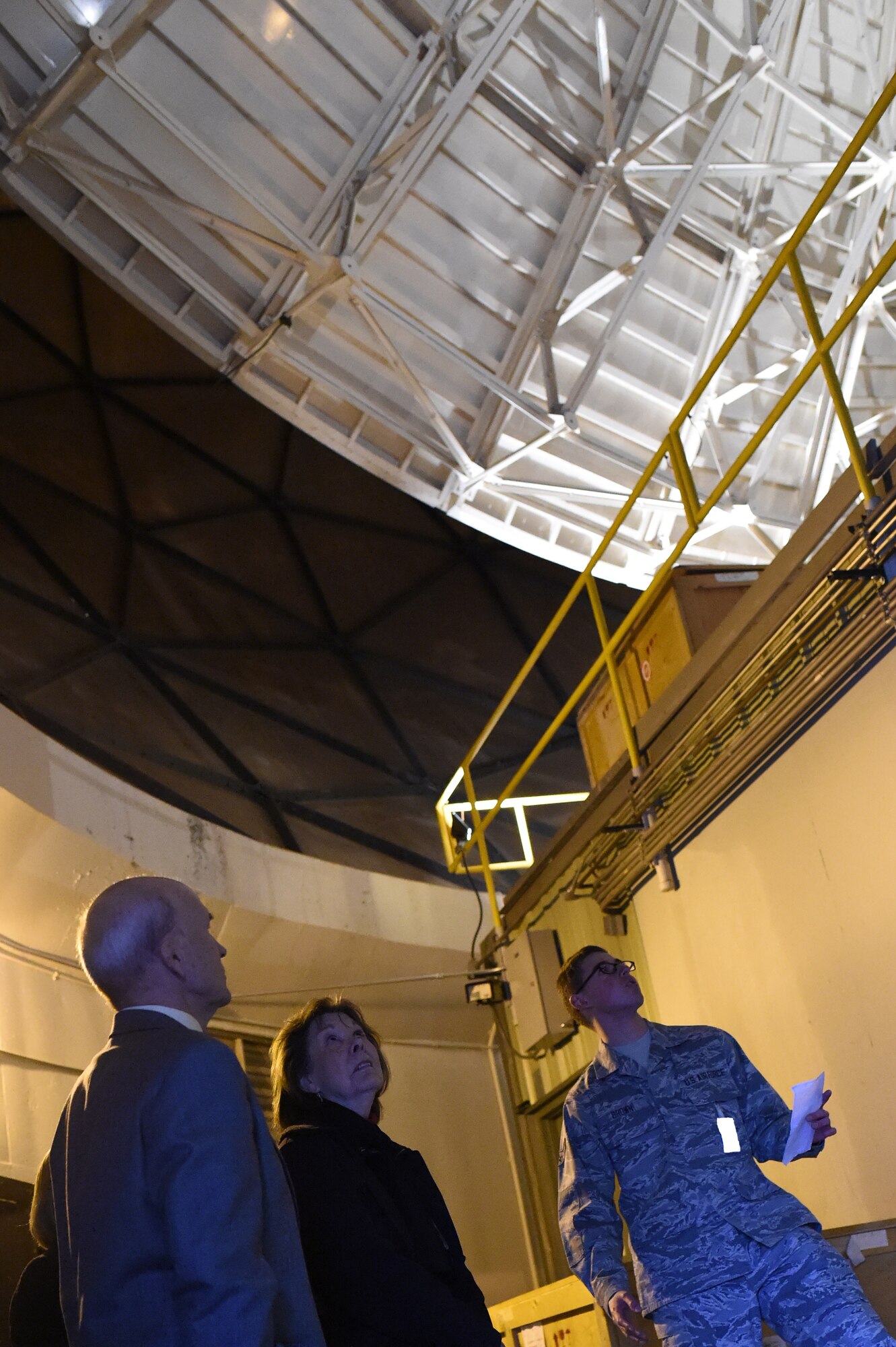 Members of the Colorado State Legislature and their staff get a behind-the-scenes look at the inside of a radome during a base tour Jan. 31, 2015, on Buckley Air Force Base, Colo. The tour also included a visit to the Army Aviation Support Facility and a tour of the base’s flightline. (U.S. Air Force photo by Airman 1st Class Samantha Saulsbury/Released) 