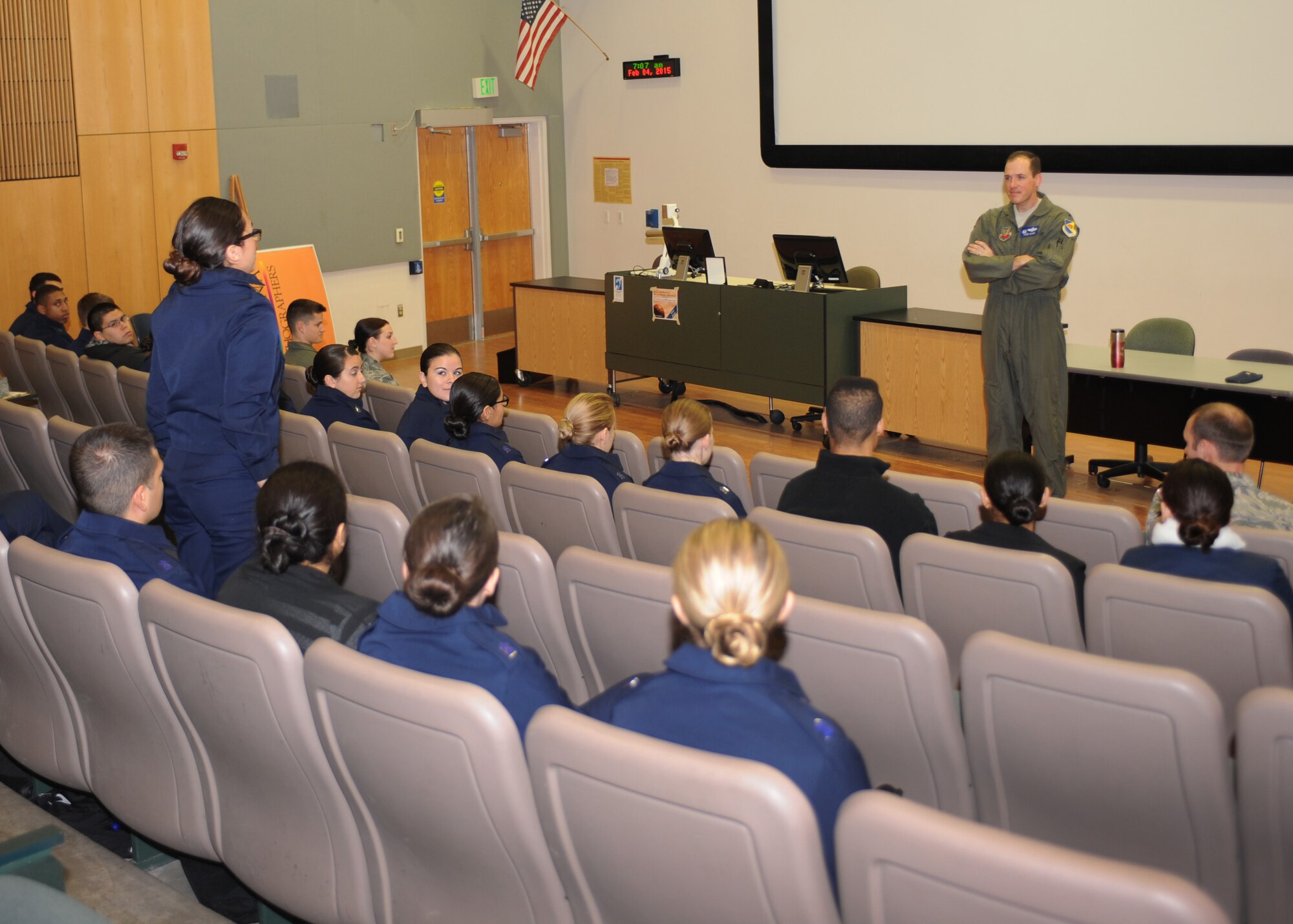 U.S. Air Force Col. James Meger, 355th Fighter Wing commander, answers questions from the Air Force Reserve Officers' Training Corps cadets of Detachment 020 at the University of Arizona in Tucson, Ariz., Feb. 4, 2015. Meger opened the floor for questions to help mentor the future AF officers based on his experiences. (U.S. Air Force photo by Airman 1st Class Cheyenne Morigeau/Released)