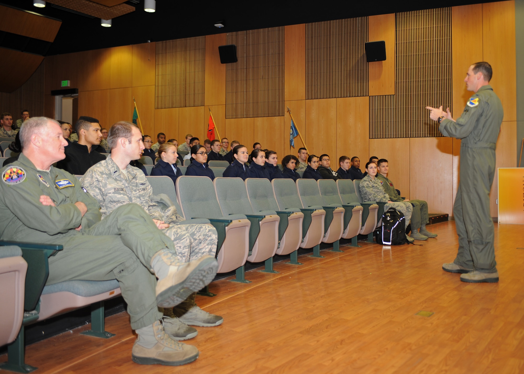 U.S. Air Force Col. James Meger, 355th Fighter Wing commander, speaks to Air Force Reserve Officers' Training Corps cadets from Detachment 020 at the University of Arizona in Tucson, Ariz., Feb. 4, 2015. Meger mentored the cadets about what he believes it takes to become an officer and a leader while sharing some of his personal experiences. (U.S. Air Force photo by Airman 1st Class Cheyenne Morigeau/Released)