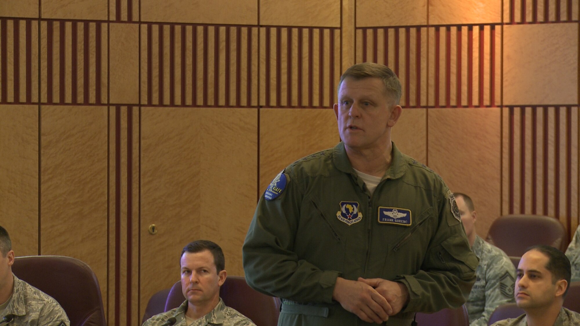 Gen. Frank Gorenc, U.S. Air Forces in Europe and Air Forces Africa commander, speaks to a group of chief master sergeant selects from around the command during the Chiefs Leadership Course Jan. 27, 2015 at Ramstein Air Base, Germany. The CLC offers senior level mentoring to the attending cheif selects, gaining invaluable command specific perspectives, mission awareness and objectives. (U.S. Air Force photo by Tech. Sgt. Oneika Banks)