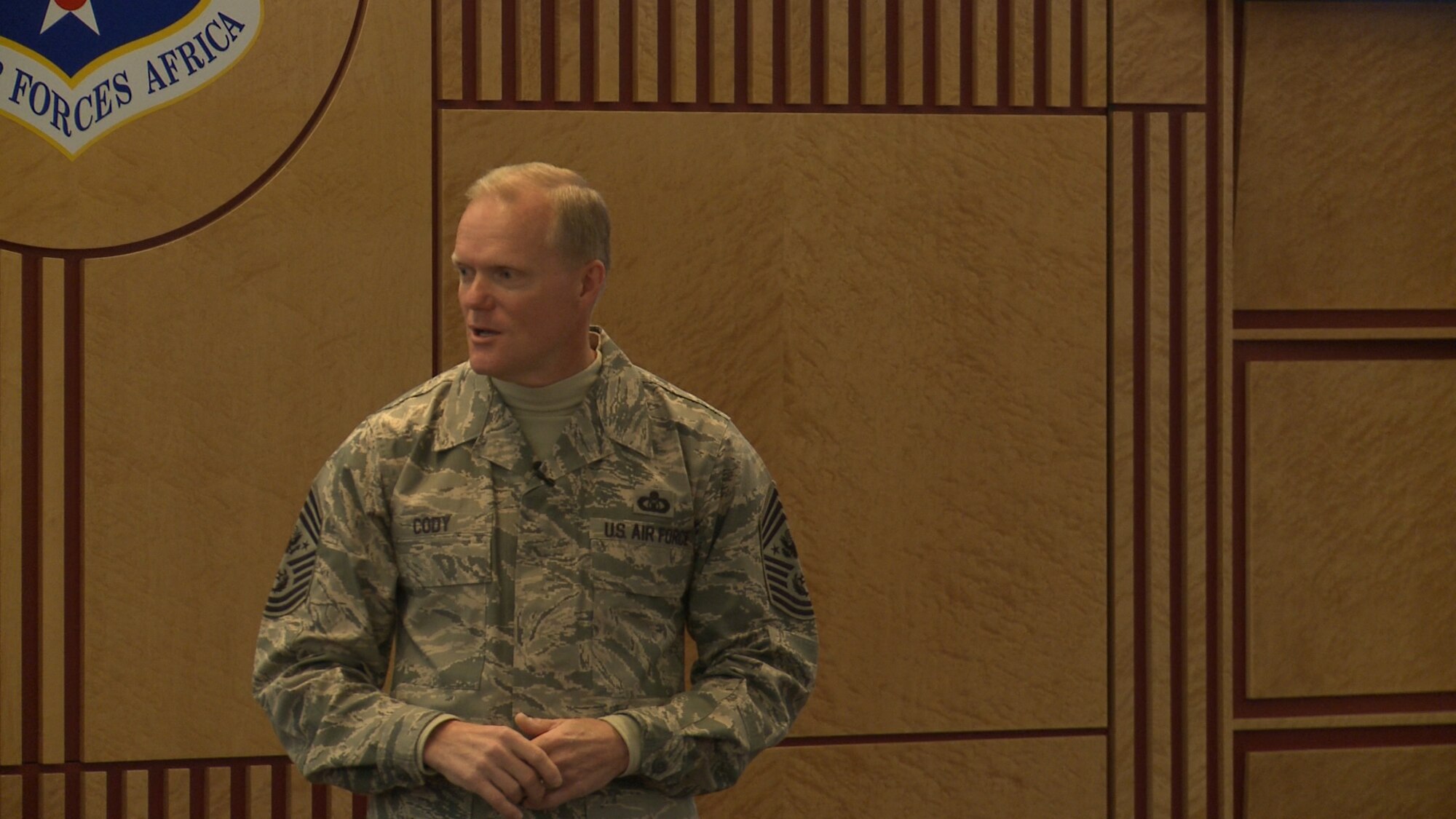 Chief Master Sgt. of the Air Force James A. Cody speaks to a group of chief master sergeant selects from around the command during the Chiefs Leadership Course Jan. 27, 2015 at Ramstein Air Base, Germany. The CLC offers senior level mentoring to the attending cheif selects, gaining invaluable command specific perspectives, mission awareness and objectives. (U.S. Air Force photo by Tech. Sgt. Oneika Banks)