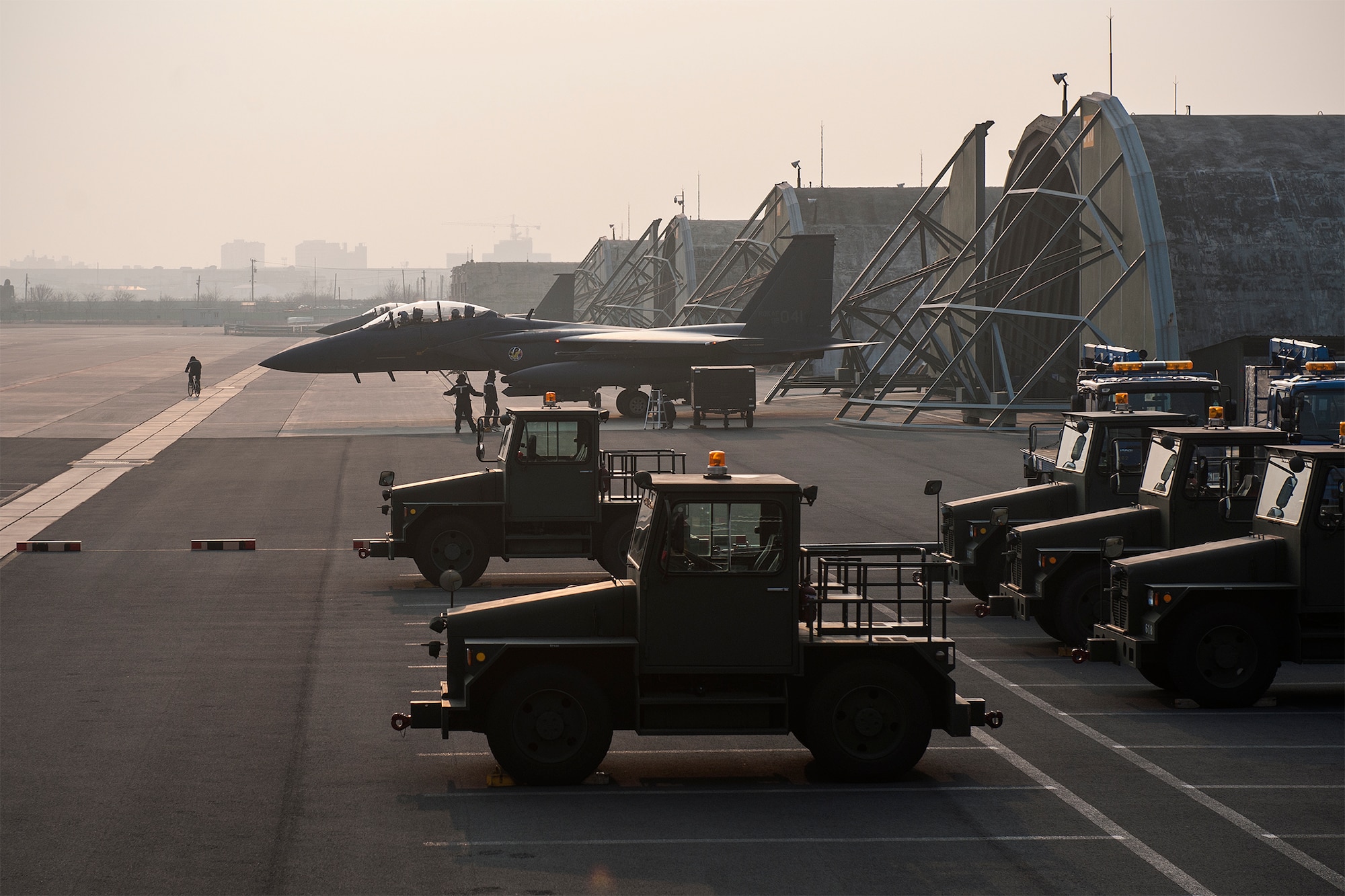 An F-15K Slam Eagle from the 11th Fighter Wing prepares to taxi to the runway during Exercise Buddy Wing 15-2 at Daegu Air Base, Republic of Korea, Feb. 5, 2015. During the four-day exercise, pilots from the 8th Fighter Wing exchanged tactics and procedures with their ROKAF counterparts. (U.S. Air Force photo by Senior Airman Katrina Heikkinen/Released)