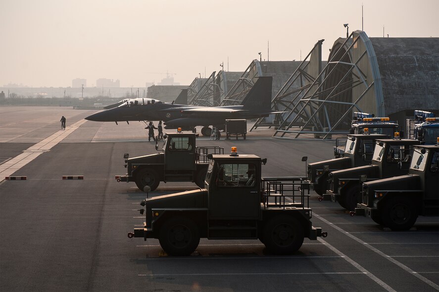 An F-15K Slam Eagle from the 11th Fighter Wing prepares to taxi to the runway during Exercise Buddy Wing 15-2 at Daegu Air Base, Republic of Korea, Feb. 5, 2015. During the four-day exercise, pilots from the 8th Fighter Wing exchanged tactics and procedures with their ROKAF counterparts. (U.S. Air Force photo by Senior Airman Katrina Heikkinen/Released)