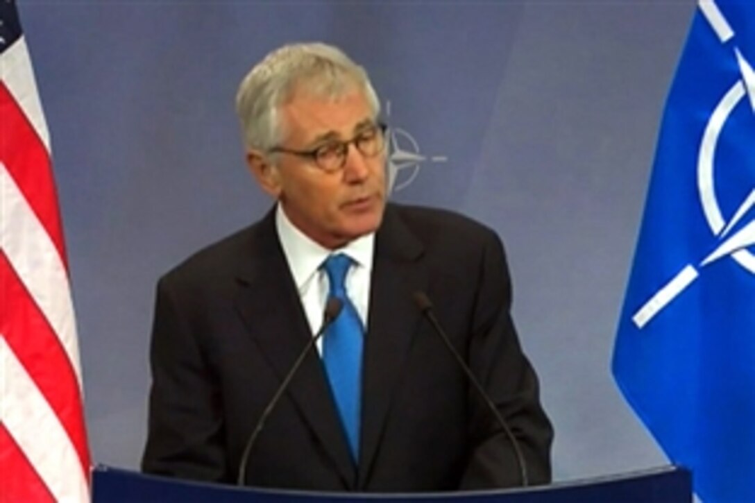 U.S. Defense Secretary Chuck Hagel conducts a news conference at NATO headquarters in Brussels, Feb. 5, 2015. Hagel addressed a range of topics including security across the Continent and Russian aggression in Ukraine.