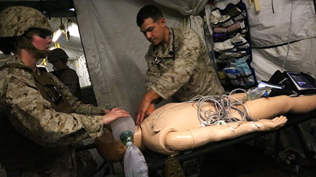 Sailors with Alpha Surgical Company, 1st Medical Battalion, 1st Marine Logistics Group, treat a simulated casualty during an en-route care exercise aboard Camp Pendleton, Calif., Jan. 28, 2015. During the four-day exercise, corpsmen trained to prepare a Special-Purpose Marine Air-Ground Task Force group that is going to forward deploy later this year. The more than 40 corpsmen set up a shock trauma platoon facility, or mobile emergency room, to treat simulated casualties. The casualties were stabilized in the STP and then flown out via aircraft. (U.S. Marine Corps photo by Sgt. Laura Gauna/Released)