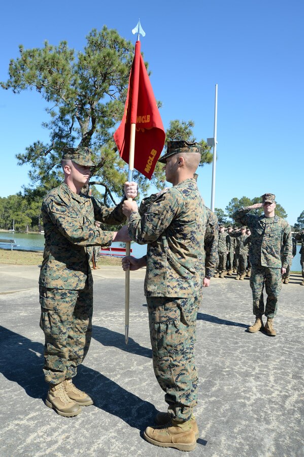 Capt. George McDonnell, deputy staff judge advocate, becomes the new company commander of MCLB Albany’s Headquarters and Support Company, Feb. 5 at Covella Pond aboard the base. He will serve in both roles.